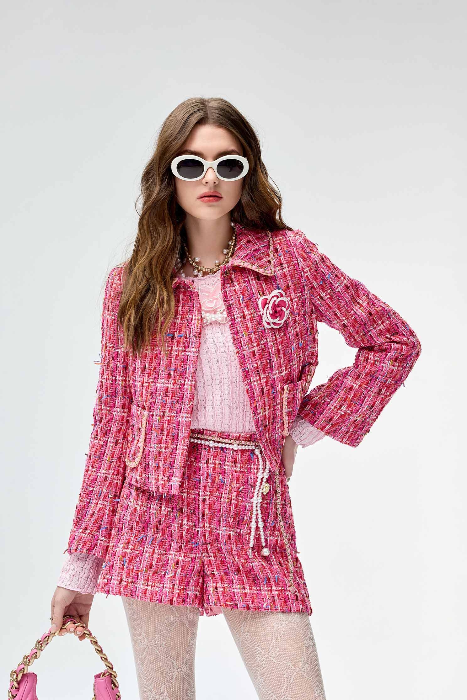 Deep Pink Tweed Jacket With Floral BroochDeep Pink Tweed Jacket With Floral Brooch,Jackets,Outerwear,Season (SS) Look