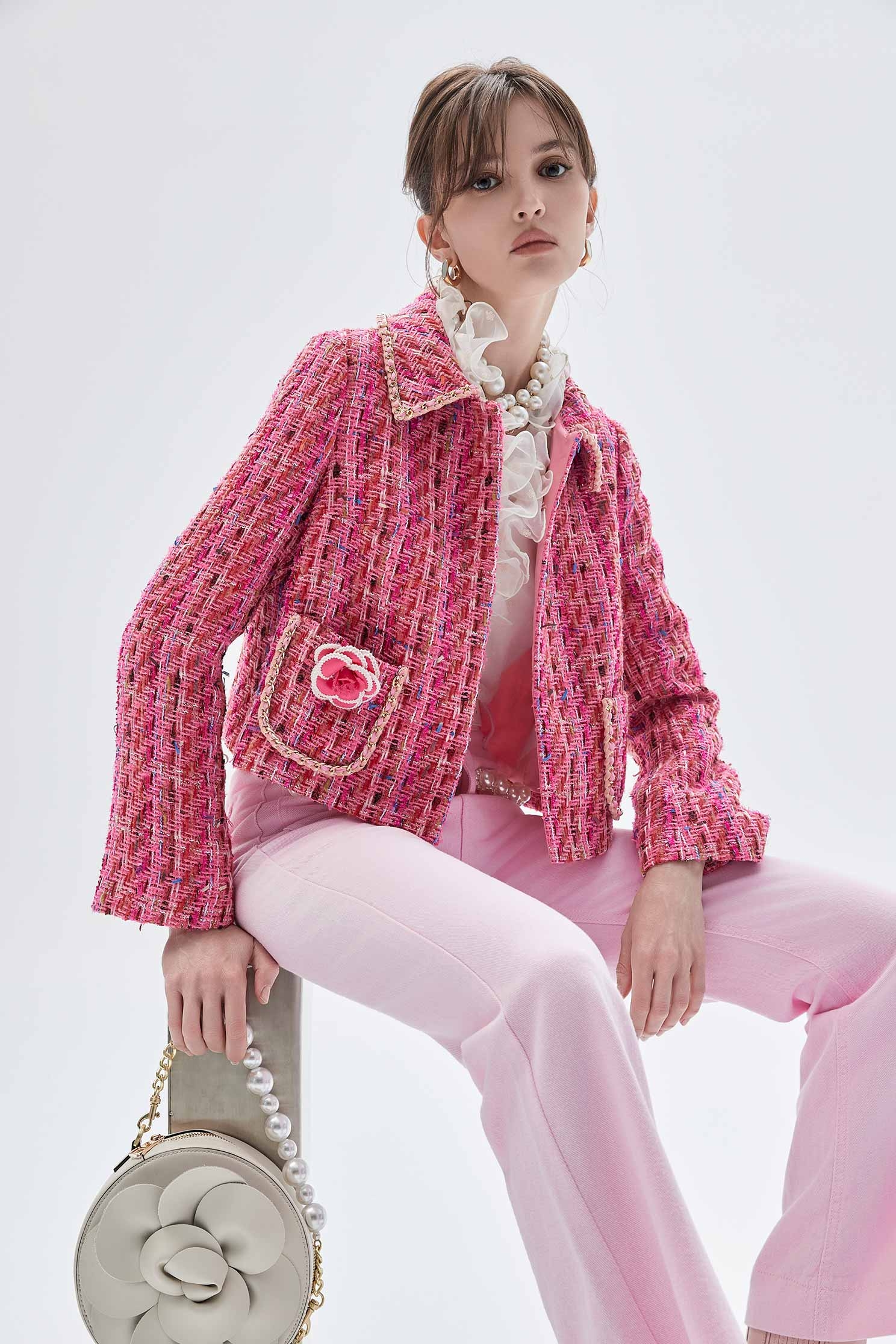 Deep Pink Tweed Jacket With Floral BroochDeep Pink Tweed Jacket With Floral Brooch,Jackets,Outerwear,Season (SS) Look