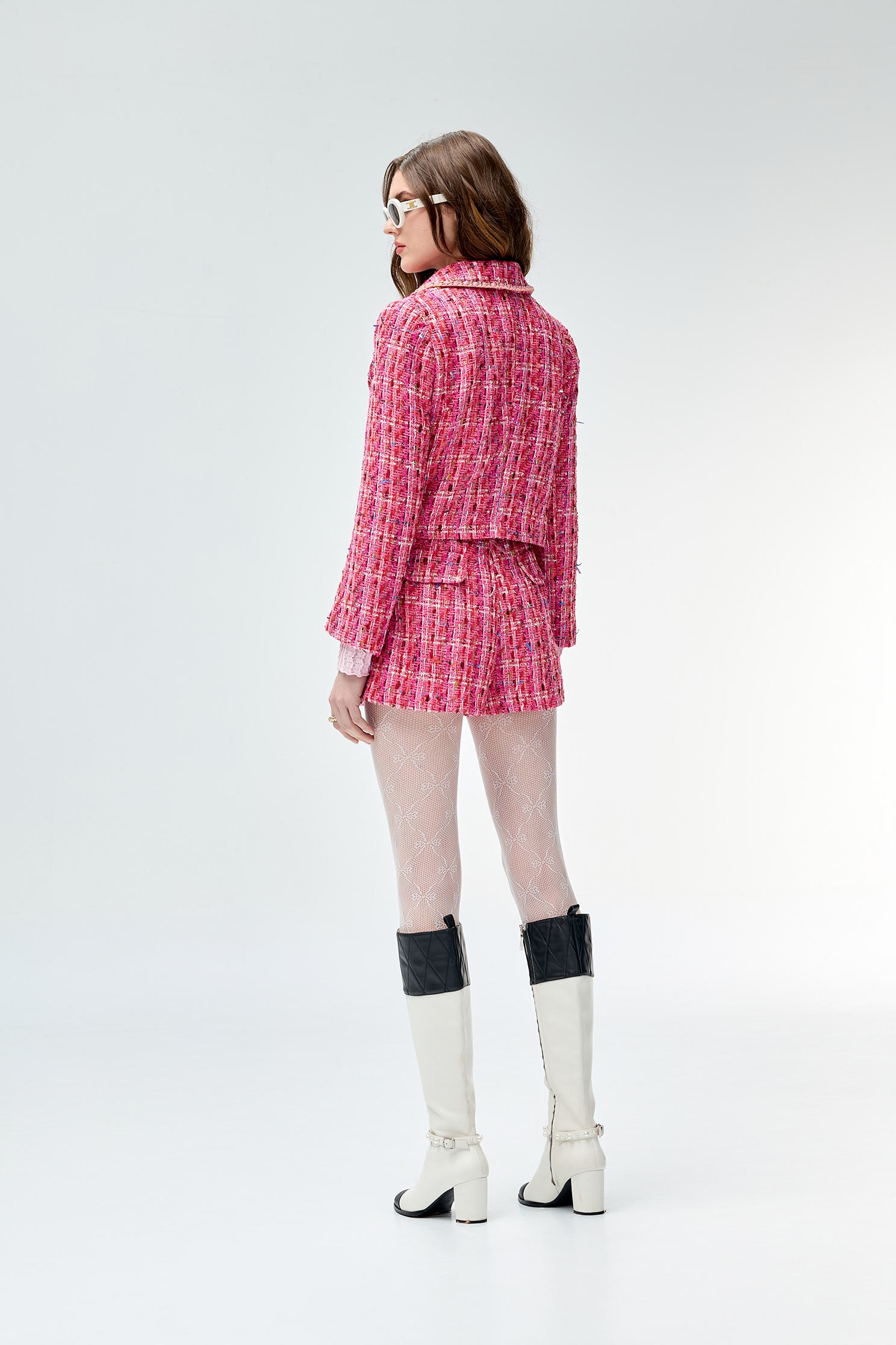 Deep Pink Tweed Jacket With Floral BroochDeep Pink Tweed Jacket With Floral Brooch,Jackets,Outerwear,Season (SS) Look