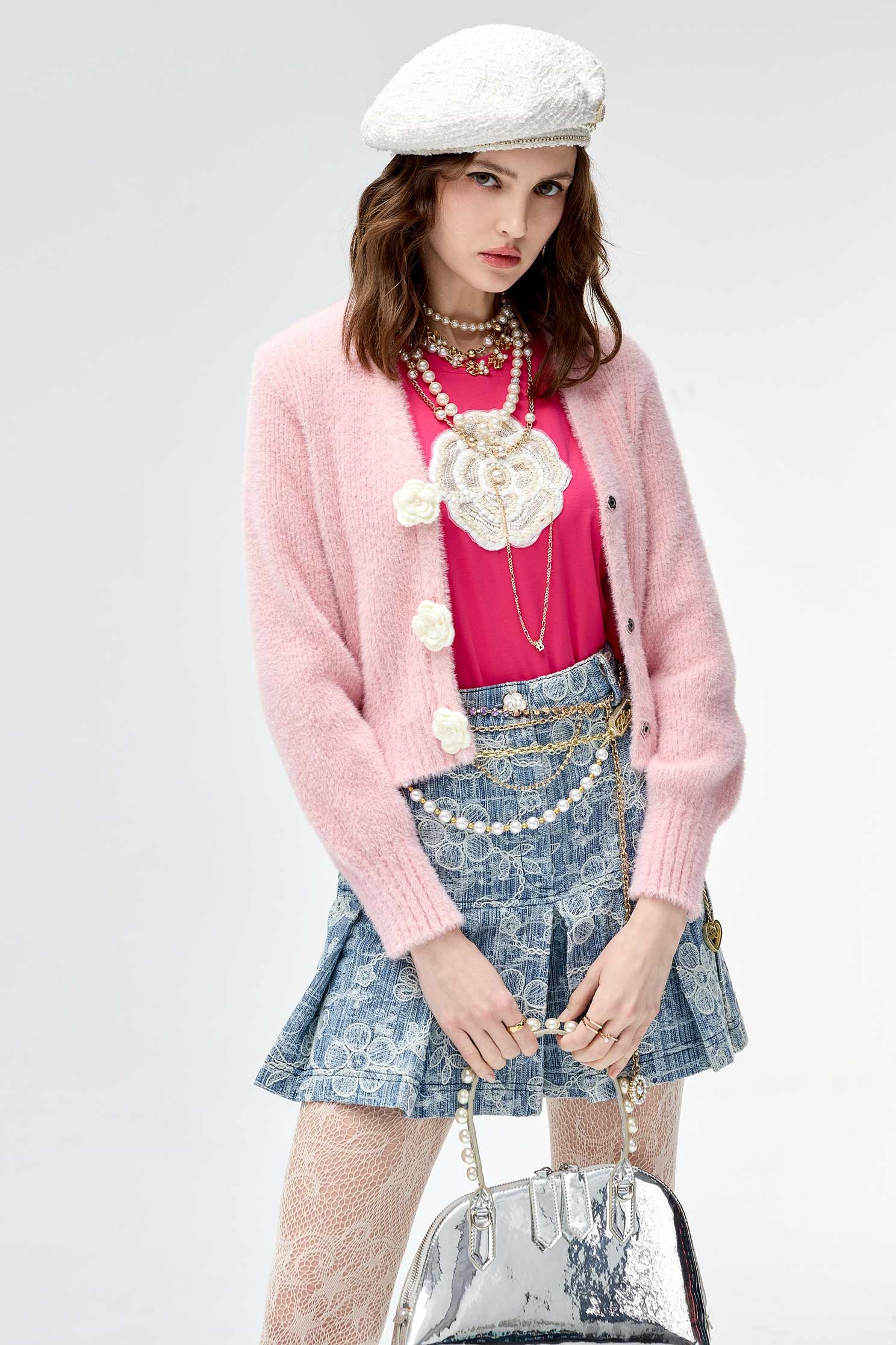 Pink Knit Cardigan With Handcrafted Rose DetailPink Knit Cardigan With Handcrafted Rose Detail,Outerwear,Season (SS) Look,Knitted,Knitted coats