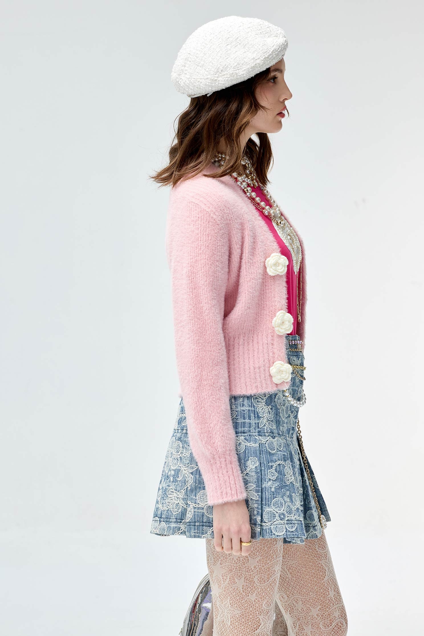 Pink Knit Cardigan With Handcrafted Rose DetailPink Knit Cardigan With Handcrafted Rose Detail,Outerwear,Season (SS) Look,Knitted,Knitted coats