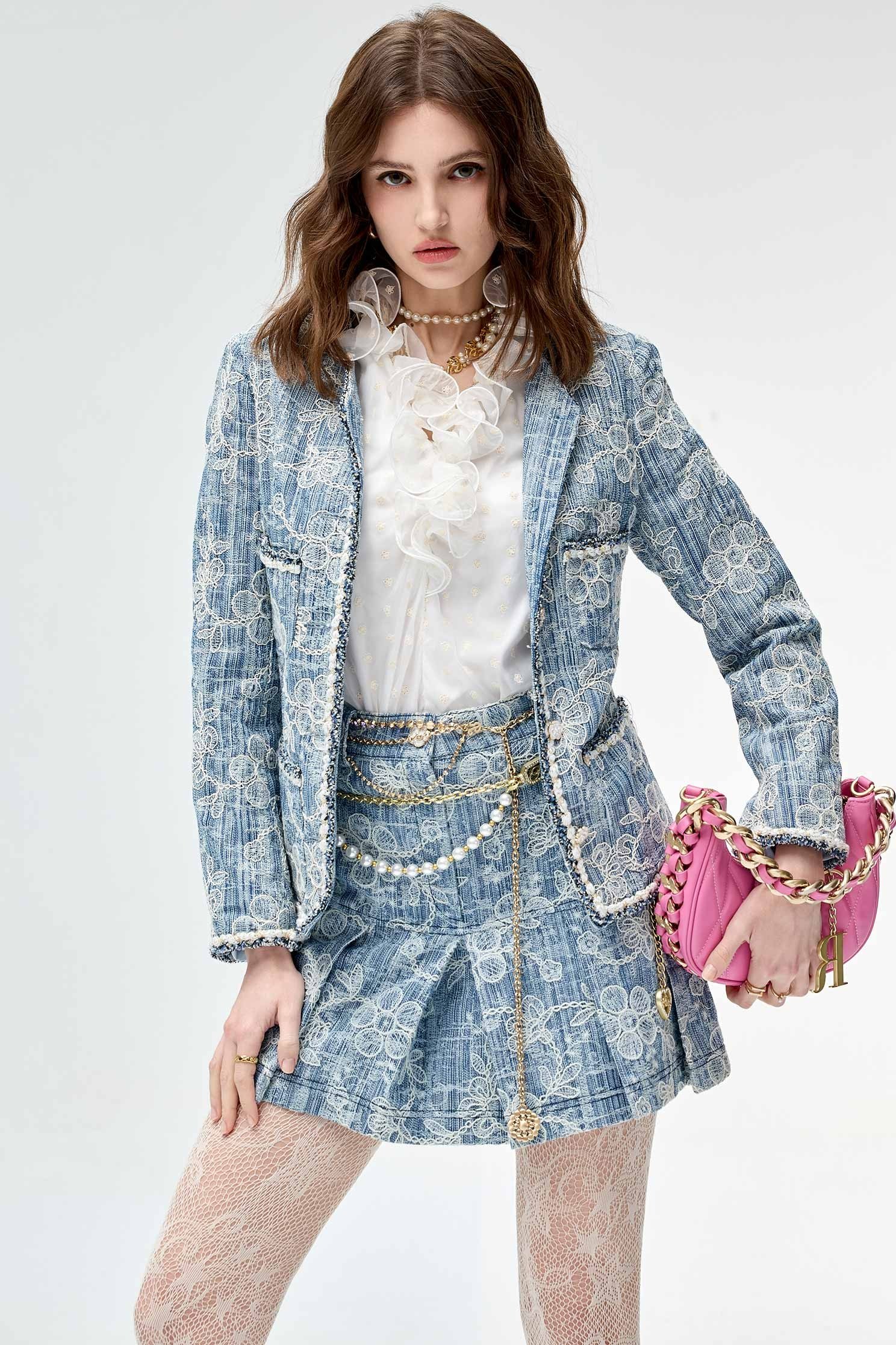 Floral Lace Detail Mid Length Denim JacketFloral Lace Detail Mid Length Denim Jacket,Embroidered,Outerwear,Season (SS) Look,Denim,Denim Jackets,Lace