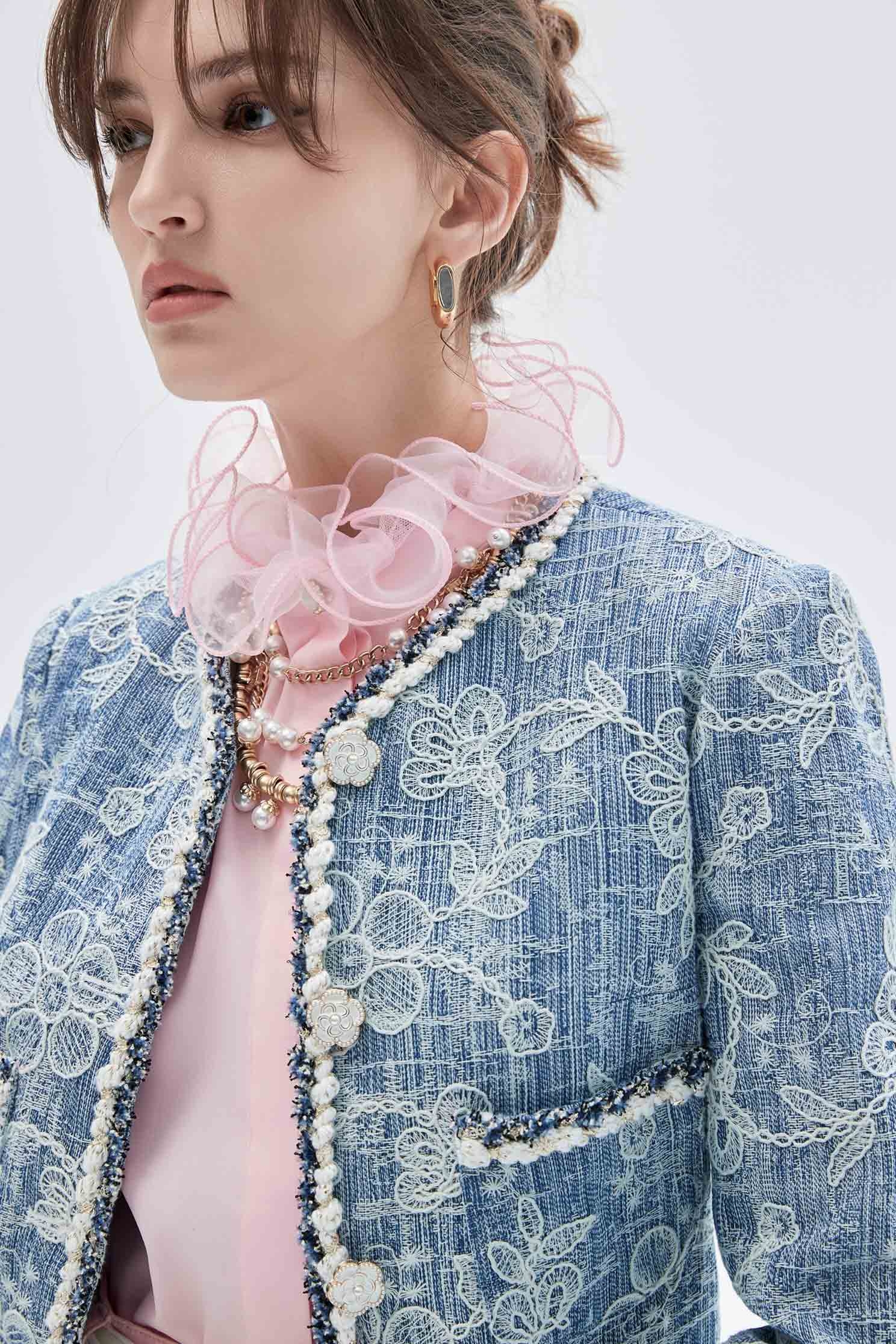 Floral Lace Detail Mid Length Denim JacketFloral Lace Detail Mid Length Denim Jacket,Embroidered,Outerwear,Season (SS) Look,Denim,Denim Jackets,Lace