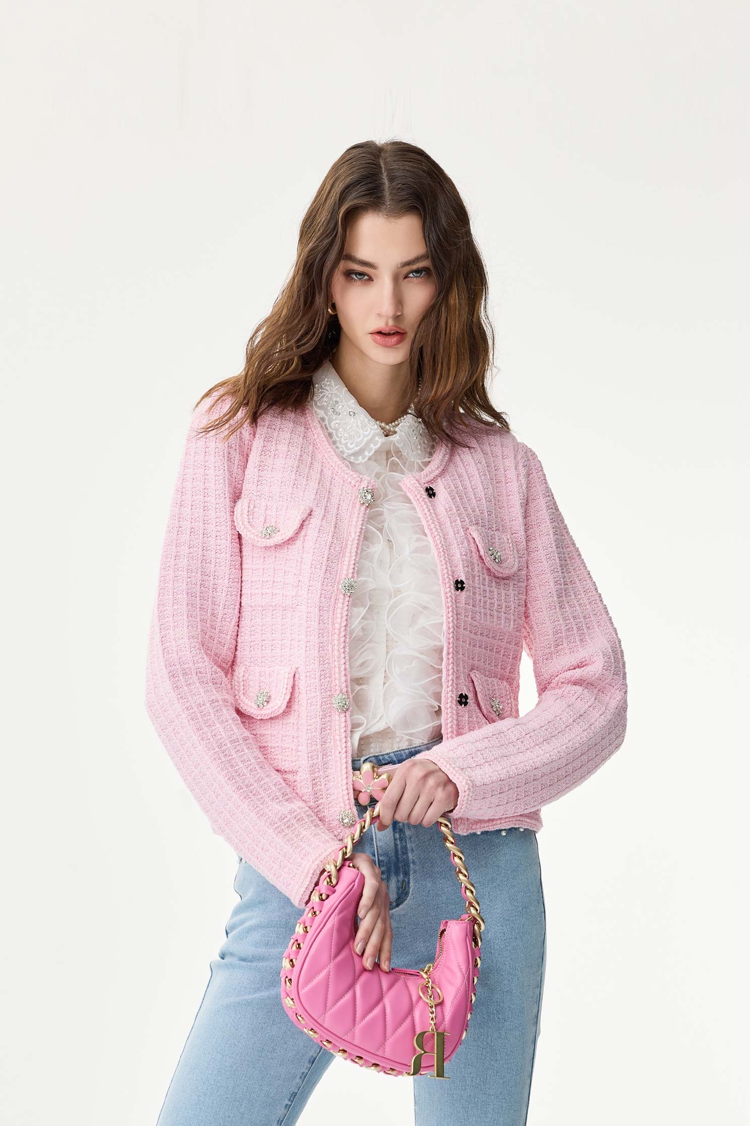 Pink Knit Crop CardiganPink Knit Crop Cardigan,Outerwear,Season (SS) Look,Knitted,Knitted coats