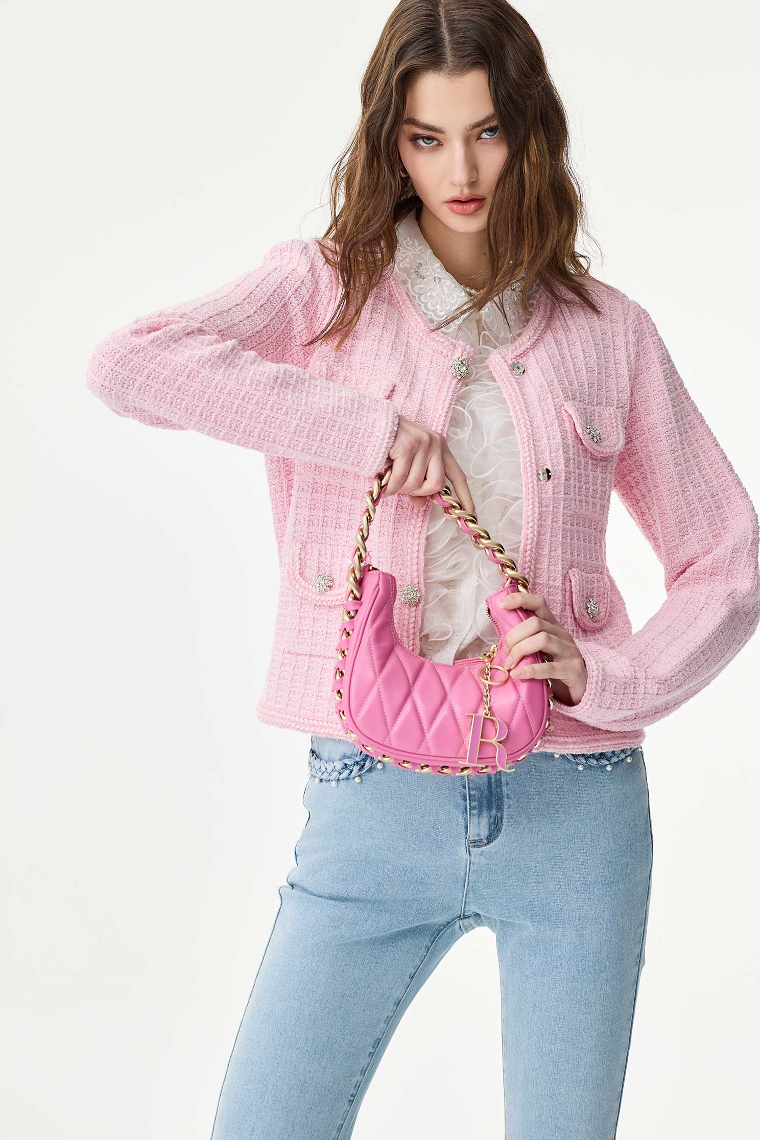 Pink Knit Crop CardiganPink Knit Crop Cardigan,Outerwear,Season (SS) Look,Knitted,Knitted coats