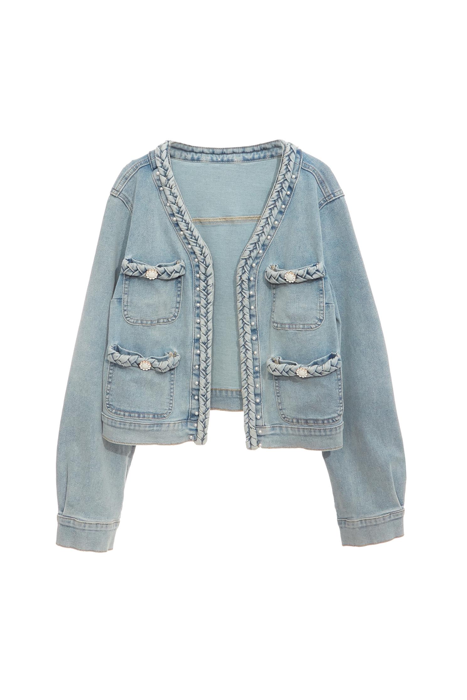 Braided Trim Denim JacketBraided Trim Denim Jacket,Outerwear,Season (SS) Look,Denim,Denim Jackets,pearl