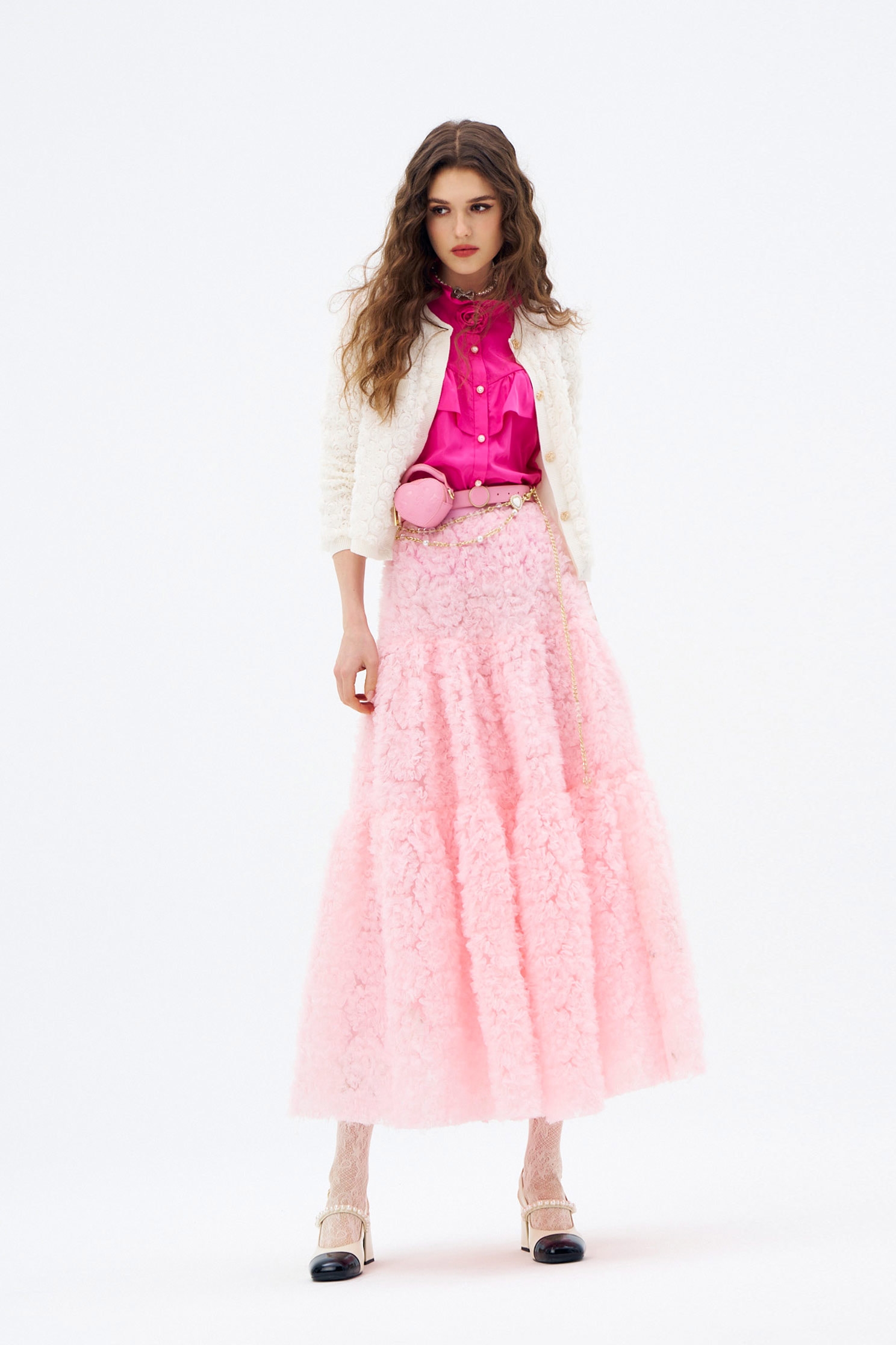 3-D Mesh Rose Detail Pink Skirt3-D Mesh Rose Detail Pink Skirt,Season (AW) Look,Mesh fabric,Midi skirts