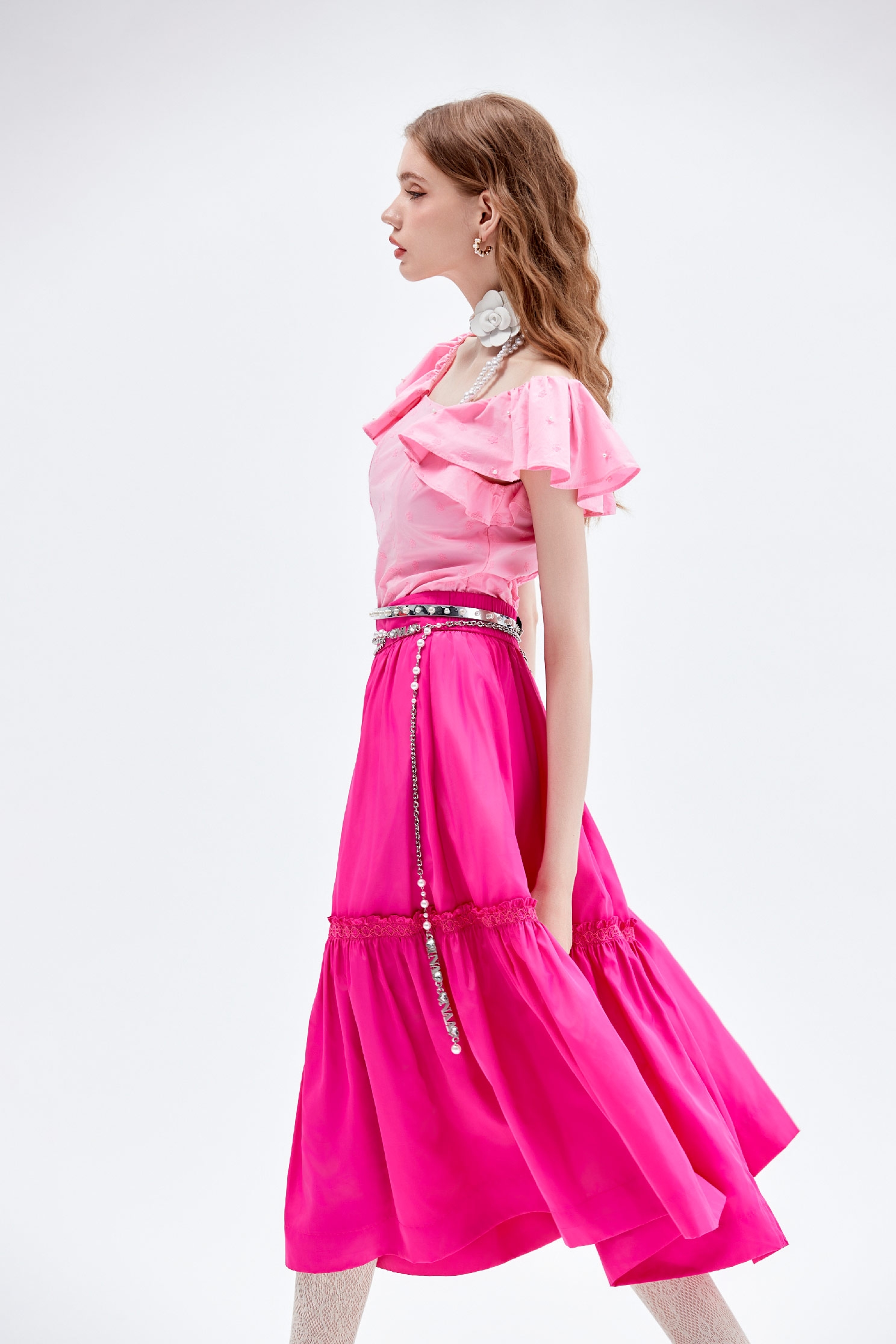 Fushia Pink Tiered SkirtFushia Pink Tiered Skirt,Embroidered,Season (AW) Look,Midi skirts