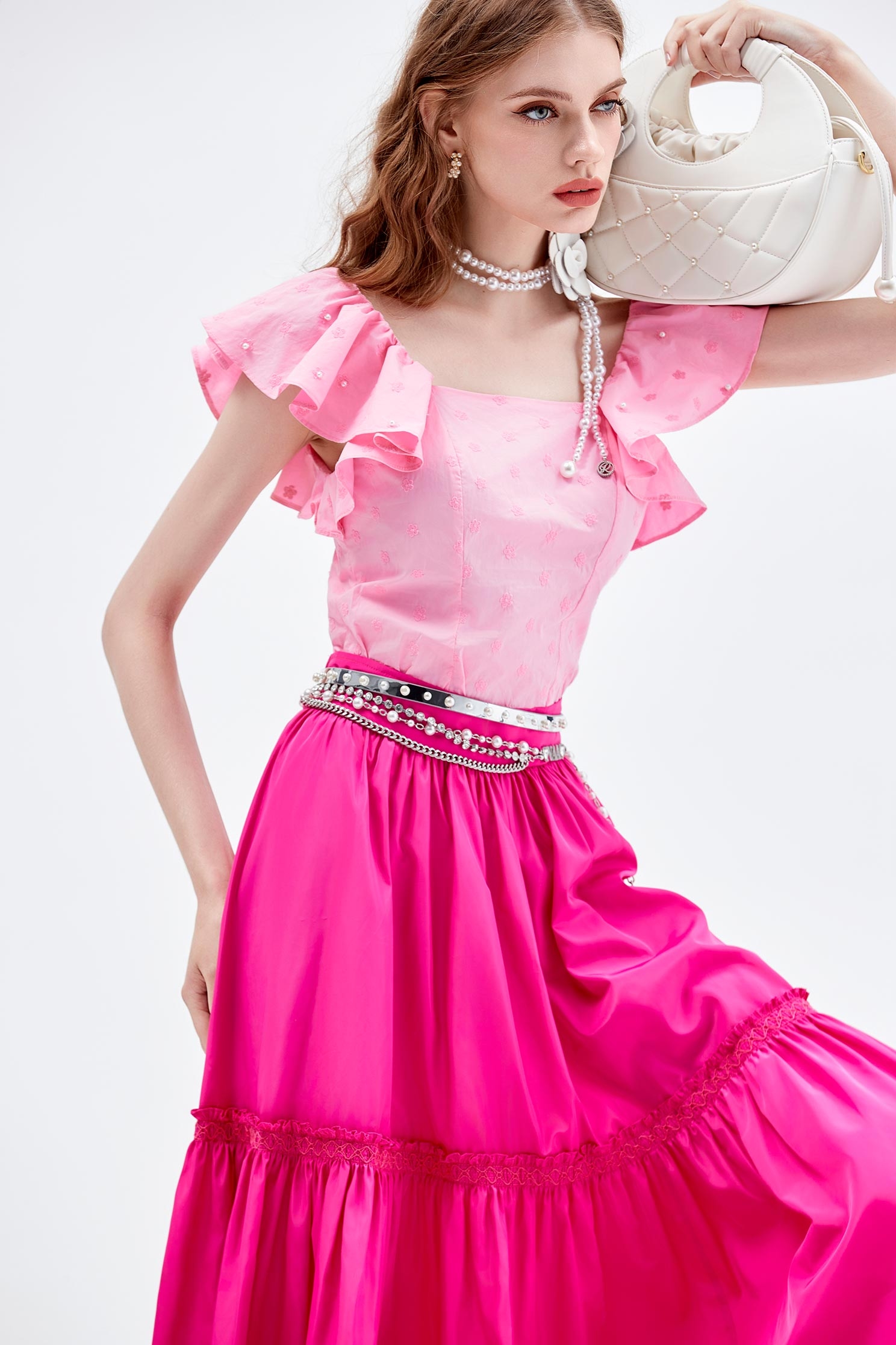 Fushia Pink Tiered SkirtFushia Pink Tiered Skirt,Embroidered,Season (AW) Look,Midi skirts