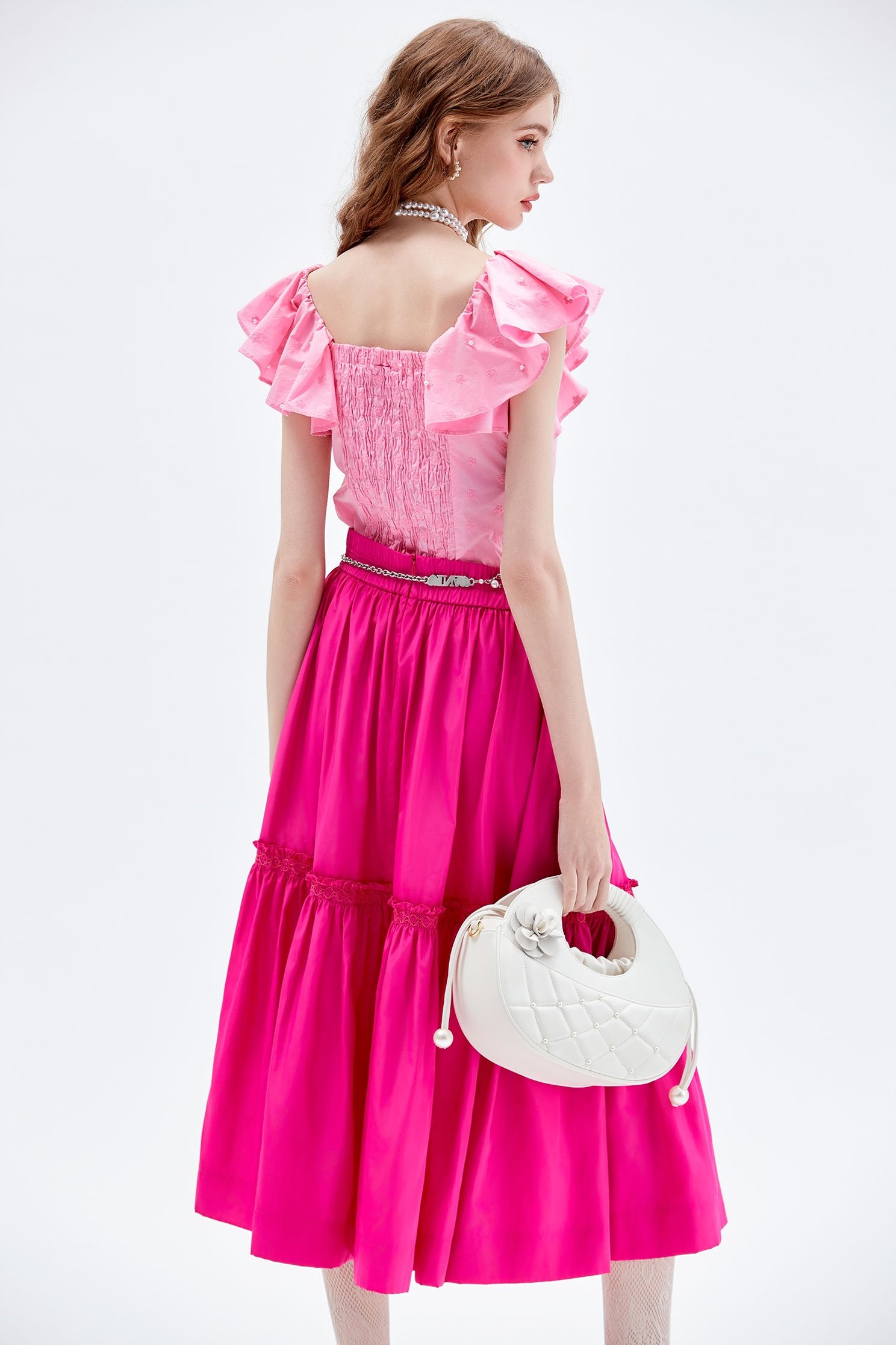 Fushia Pink Tiered SkirtFushia Pink Tiered Skirt,Embroidered,Season (AW) Look,Midi skirts