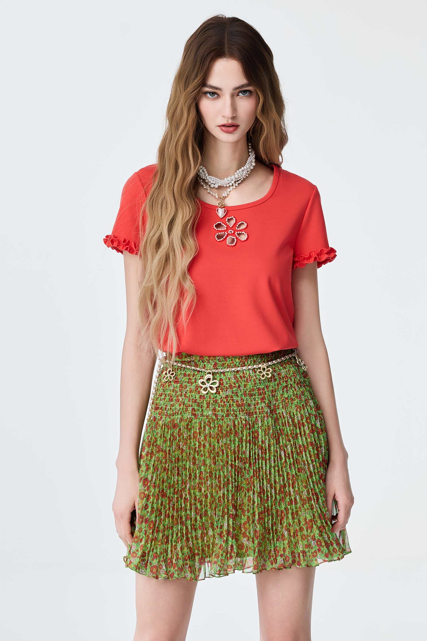 Pleated Detail Floral Print Chiffon Mini SkirtPleated Detail Floral Print Chiffon Mini Skirt,Season (SS) Look,Chiffon,Chiffon skirts