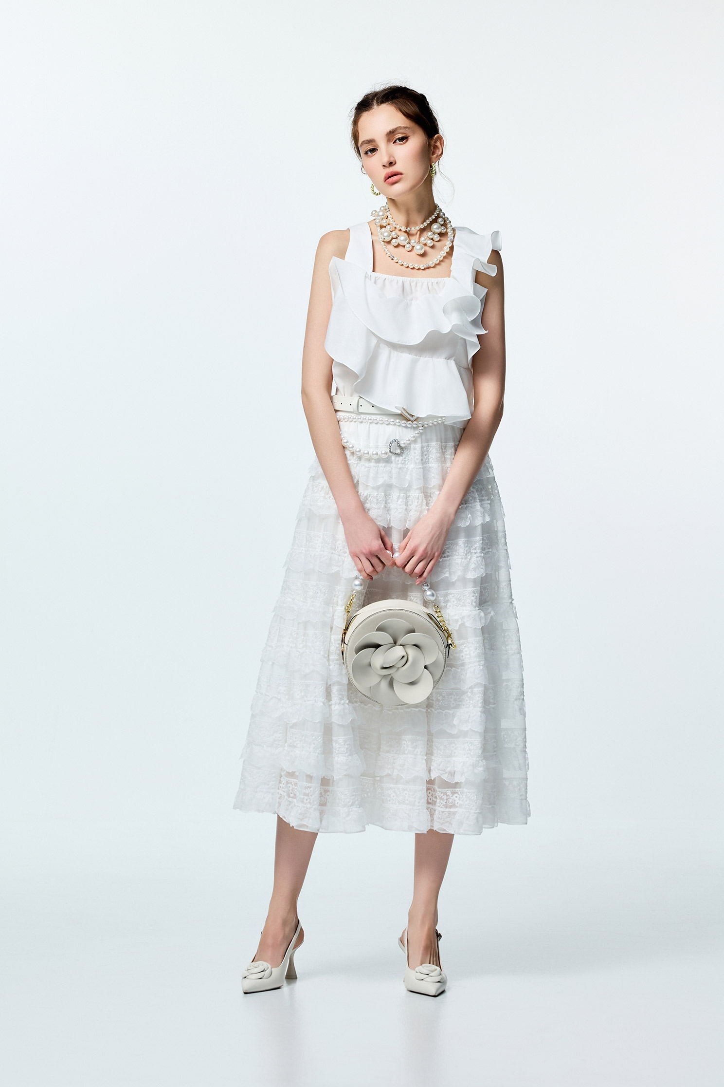 Lace Trim Detail Tiered SkirtLace Trim Detail Tiered Skirt,Season (SS) Look,White skirts,Layered skirts,Lace,Chiffon