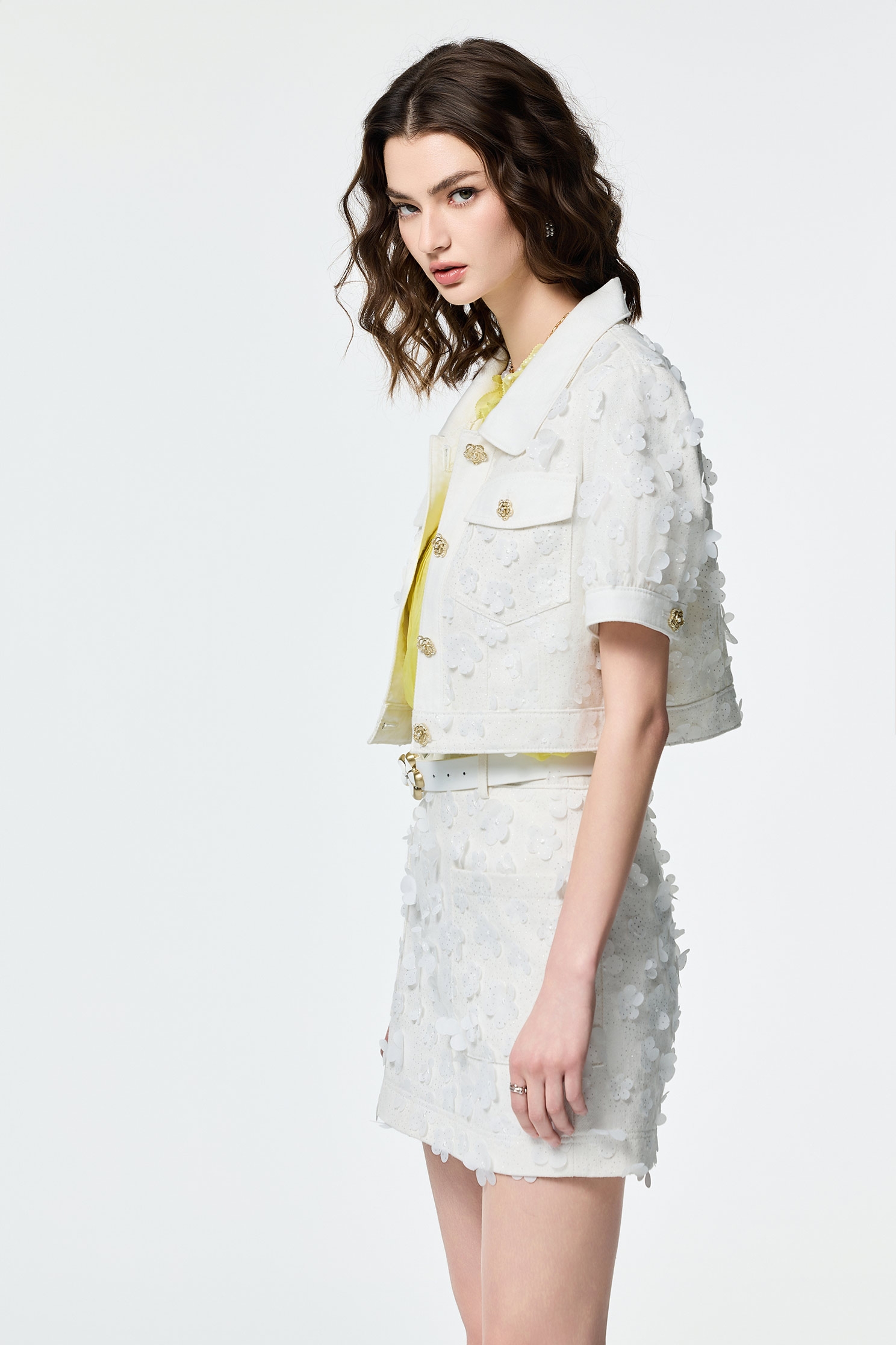 Sequin Floral Detail Denim SkirtSequin Floral Detail Denim Skirt,Office Looks,Embroidered,Season (SS) Look,co-ord sets,Denim,Denim mini skirts,Denim skirts,City Feminine,Mini skirts,Valentine