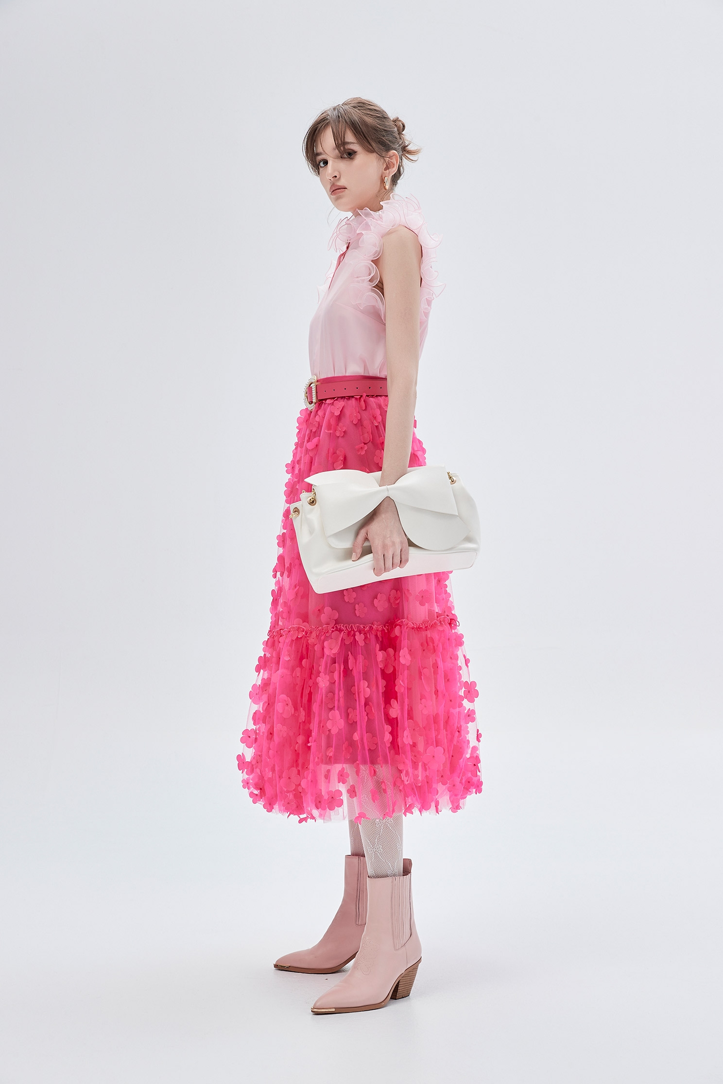 3-D Floral Detail Fushia Pink Skirt3-D Floral Detail Fushia Pink Skirt,Season (SS) Look,Mesh fabric,Tutu skirts,Midi skirts