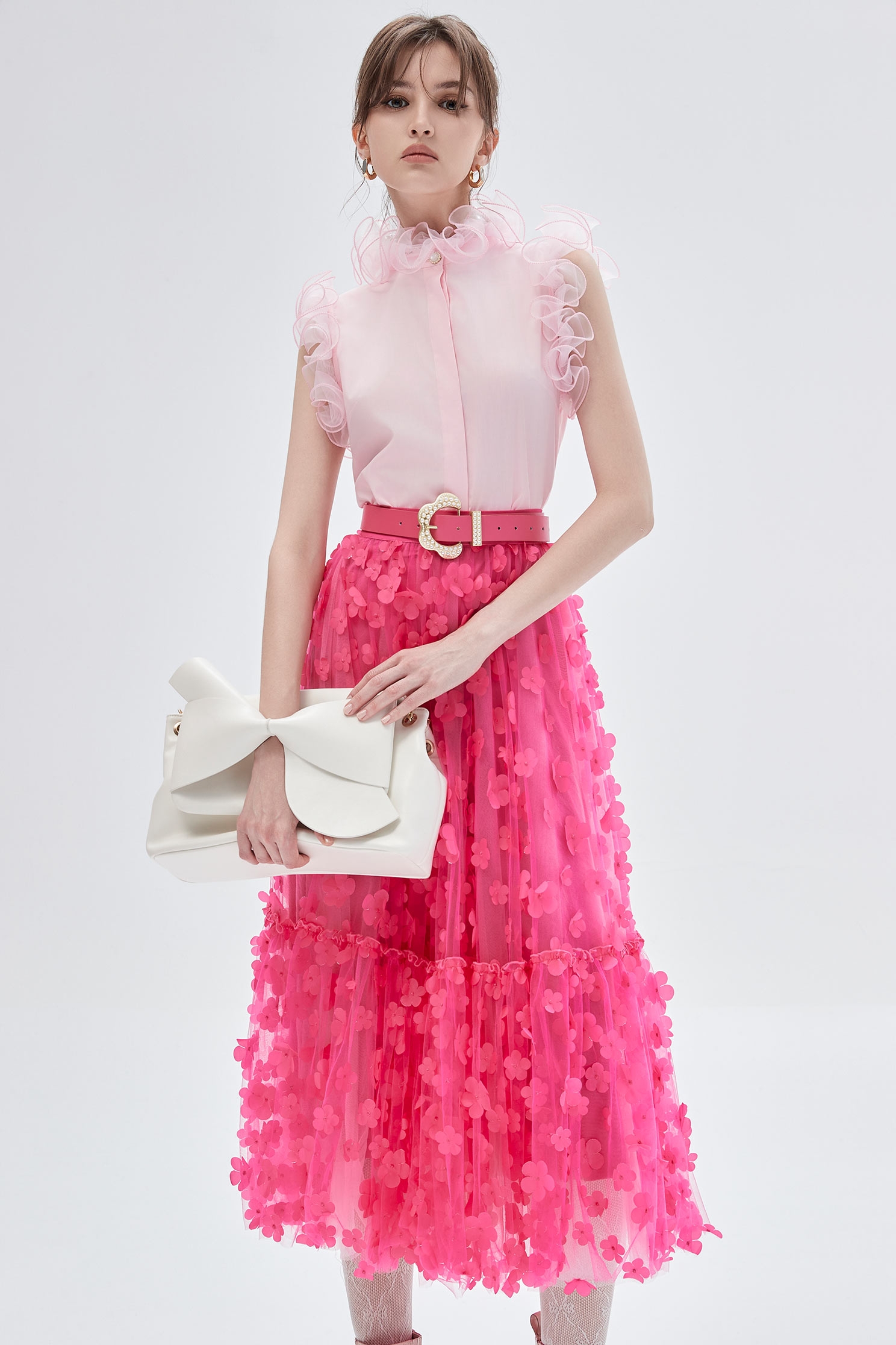 3-D Floral Detail Fushia Pink Skirt3-D Floral Detail Fushia Pink Skirt,Season (SS) Look,Mesh fabric,Tutu skirts,Midi skirts