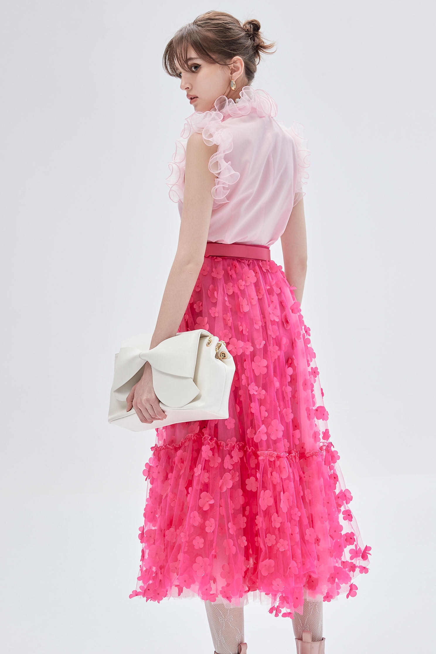 3-D Floral Detail Fushia Pink Skirt3-D Floral Detail Fushia Pink Skirt,Season (SS) Look,Mesh fabric,Tutu skirts,Midi skirts