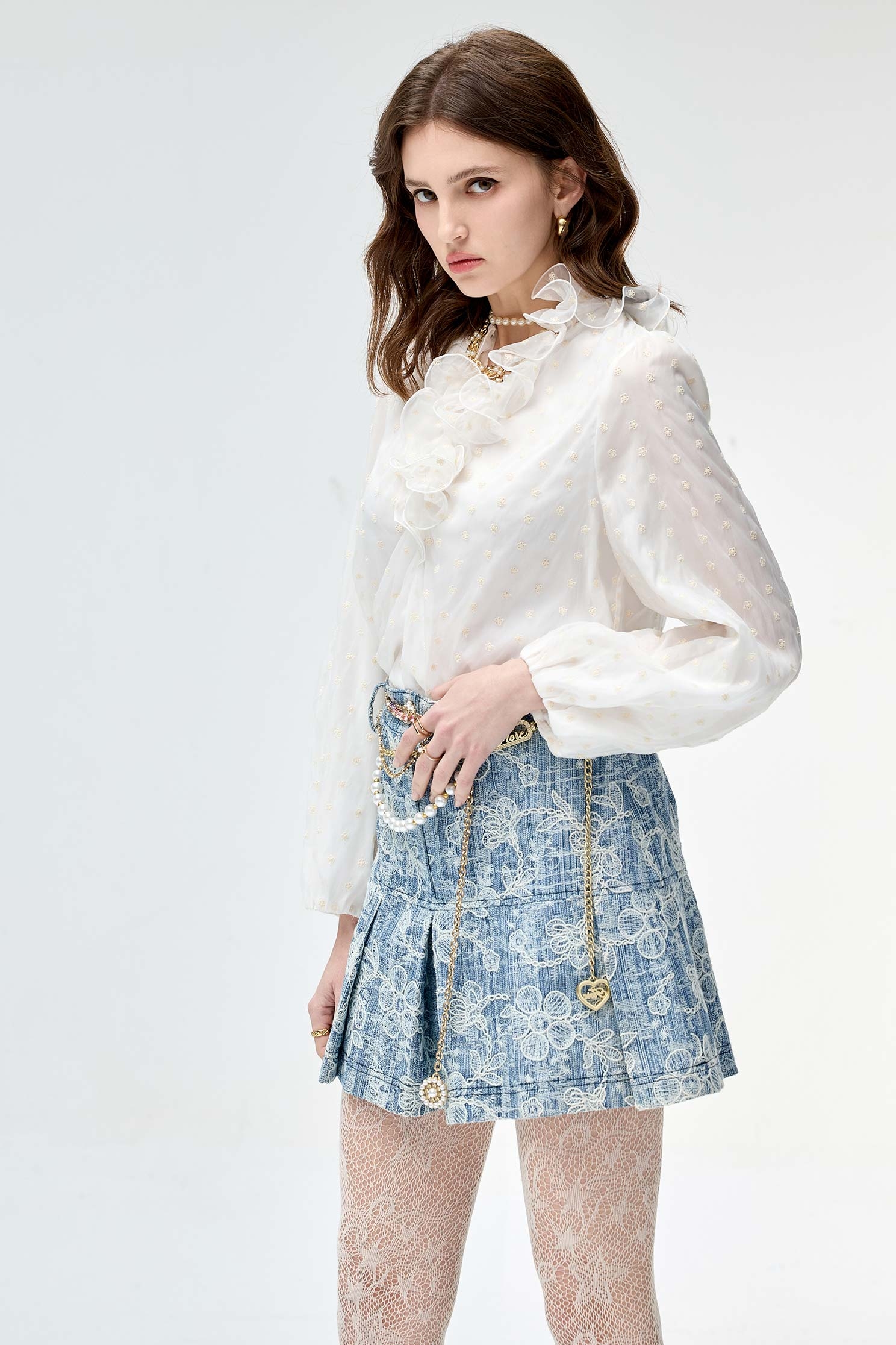 Floral Lace Detail Pleated Denim SkirtFloral Lace Detail Pleated Denim Skirt,Embroidered,Season (SS) Look,Denim,Denim skirts,Lace,Lace skirts