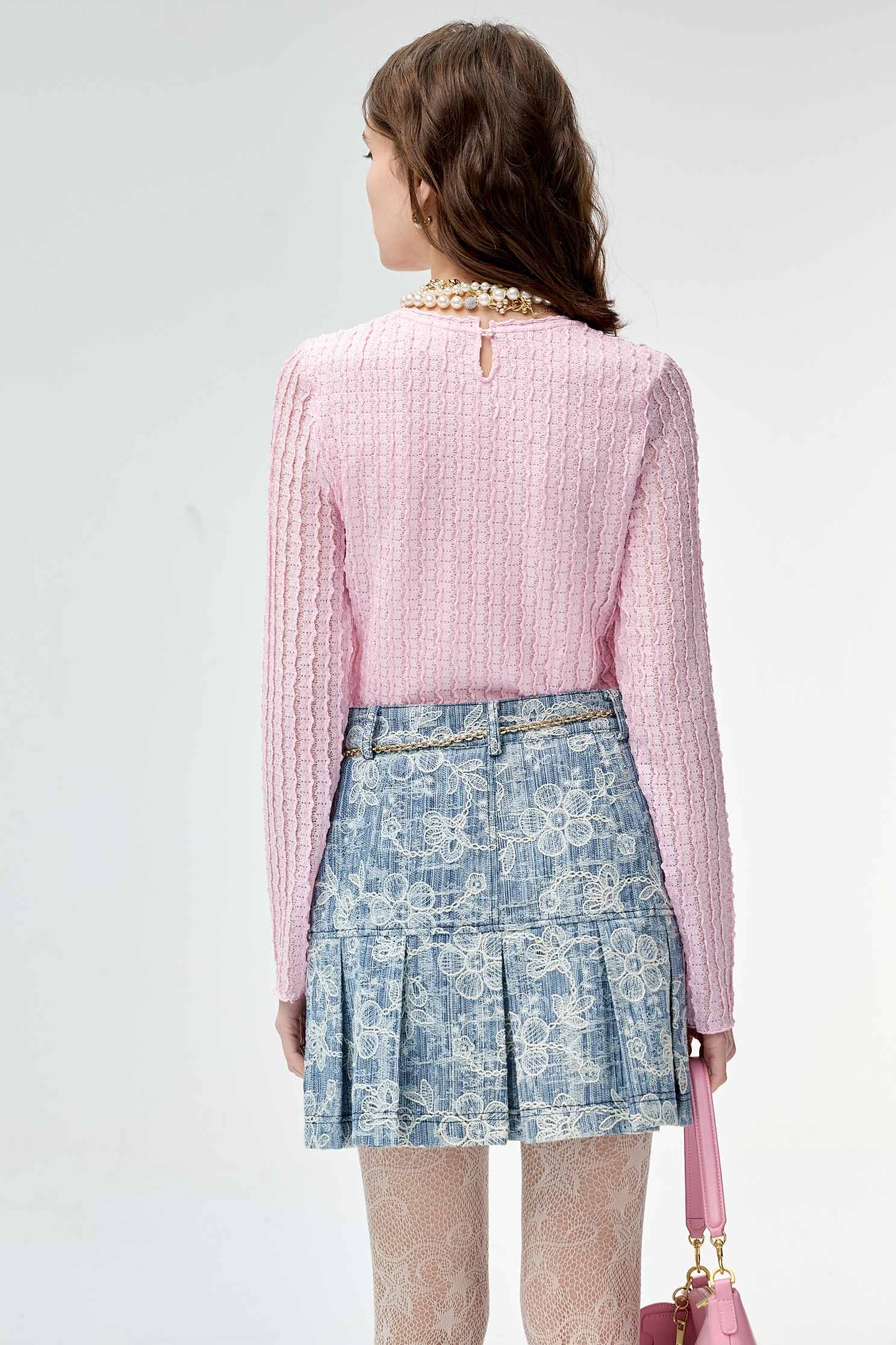 Floral Lace Detail Pleated Denim SkirtFloral Lace Detail Pleated Denim Skirt,Embroidered,Season (SS) Look,Denim,Denim skirts,Lace,Lace skirts