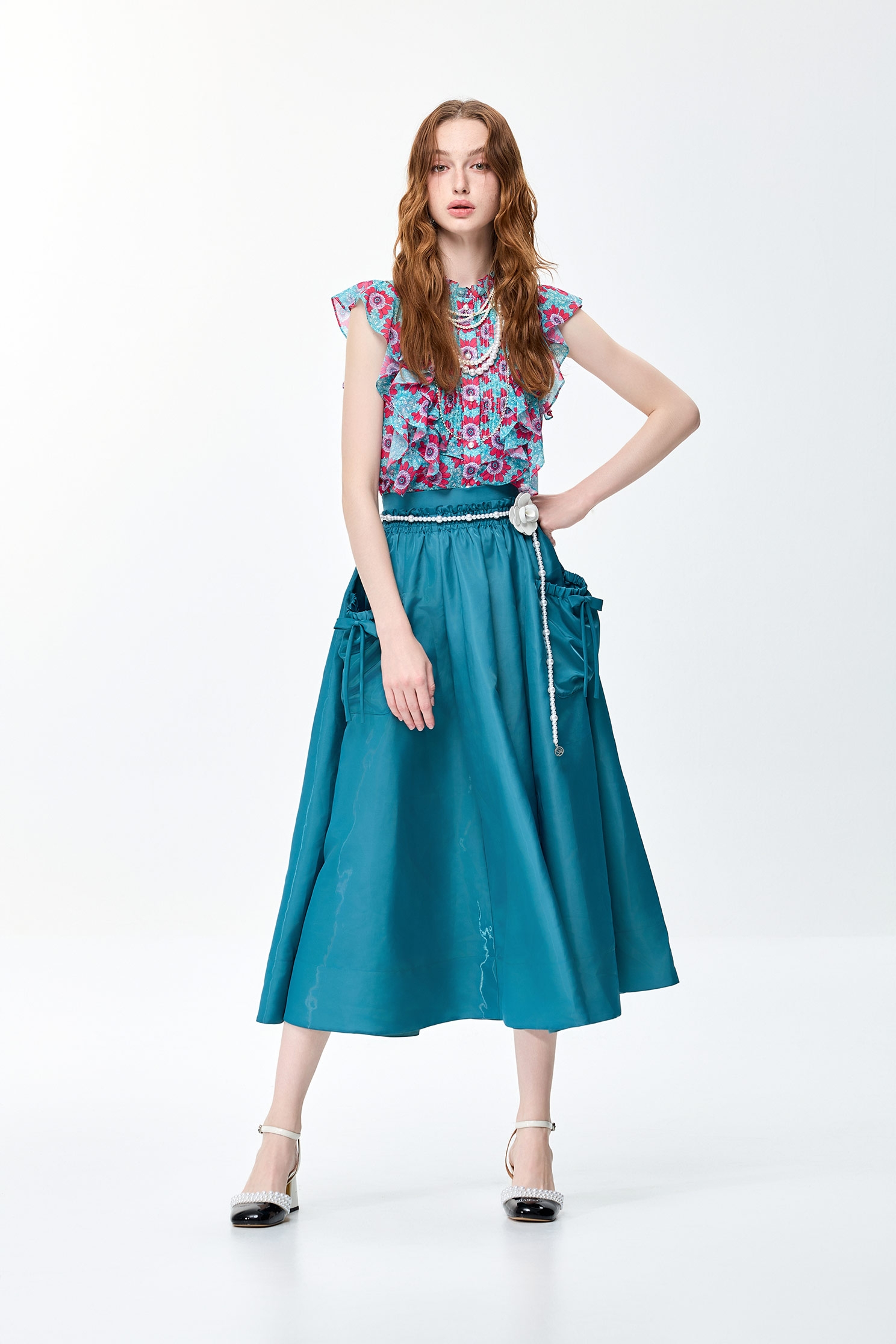 Bow Detail Cyan SkirtBow Detail Cyan Skirt,Season (SS) Look,bows,Midi skirts