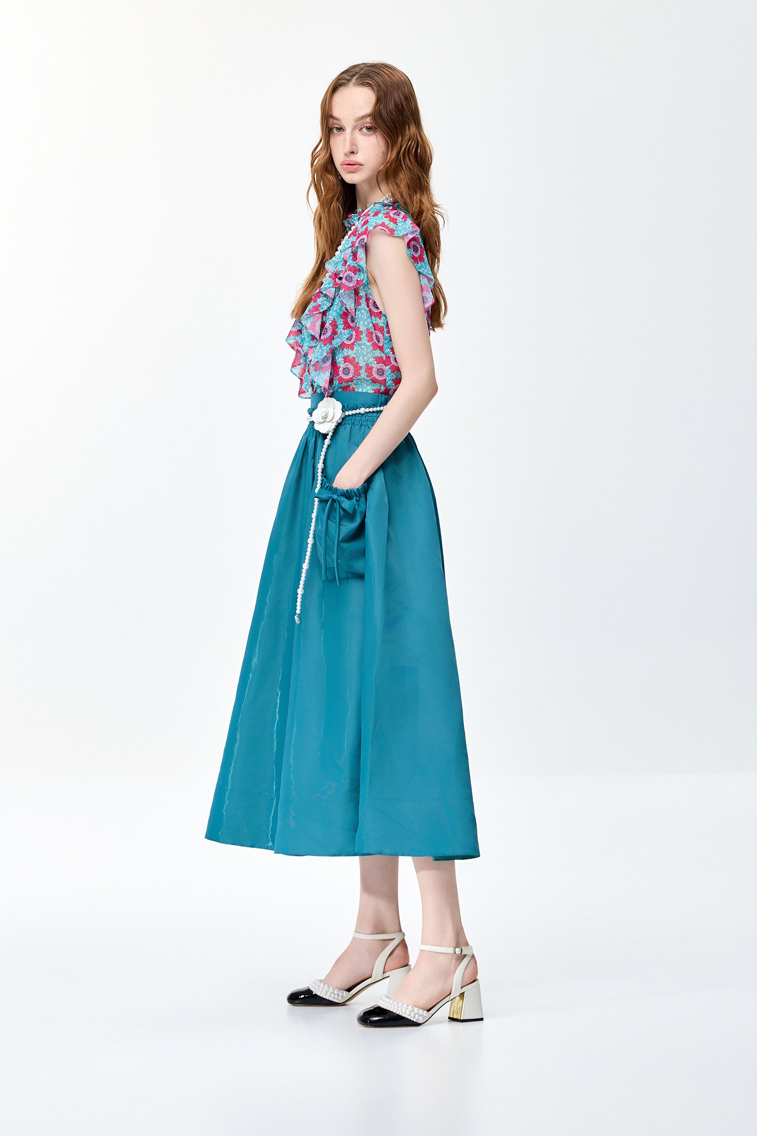 Bow Detail Cyan SkirtBow Detail Cyan Skirt,Season (SS) Look,bows,Midi skirts