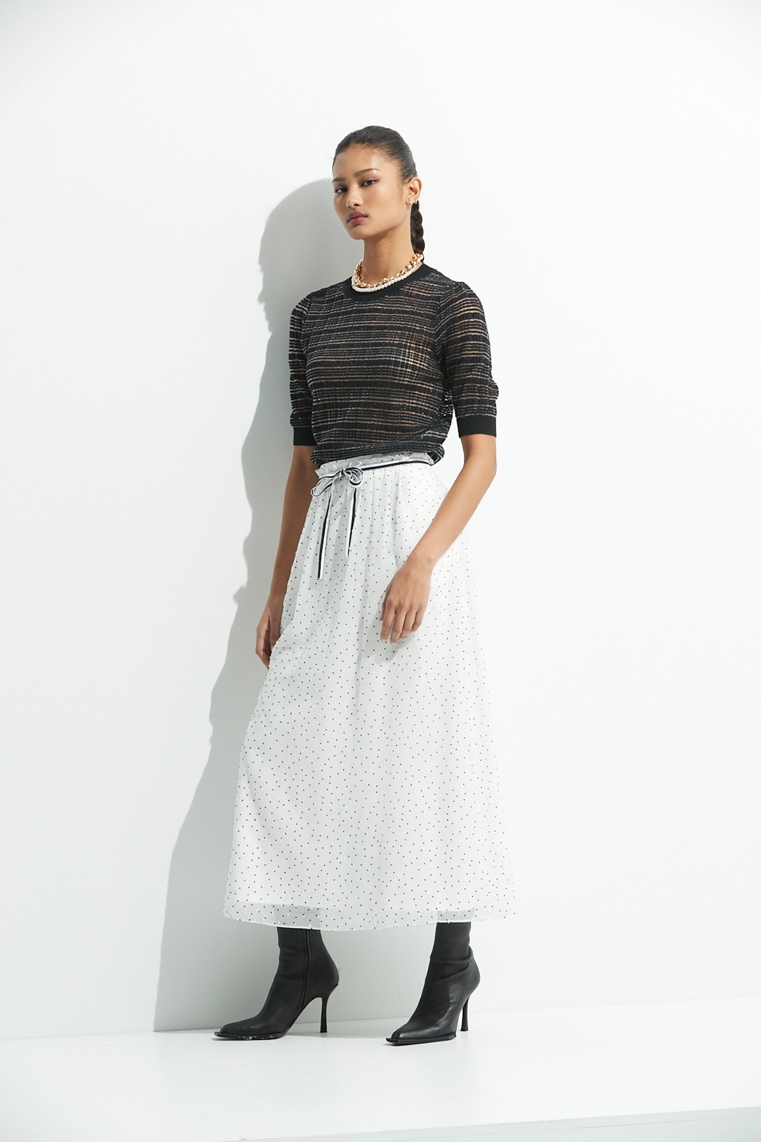 Dotted Organza Midi SkirtChiffon long skirt with dot design,Season (AW) Look,Midi skirts,Chiffon,Chiffon Midi skirts