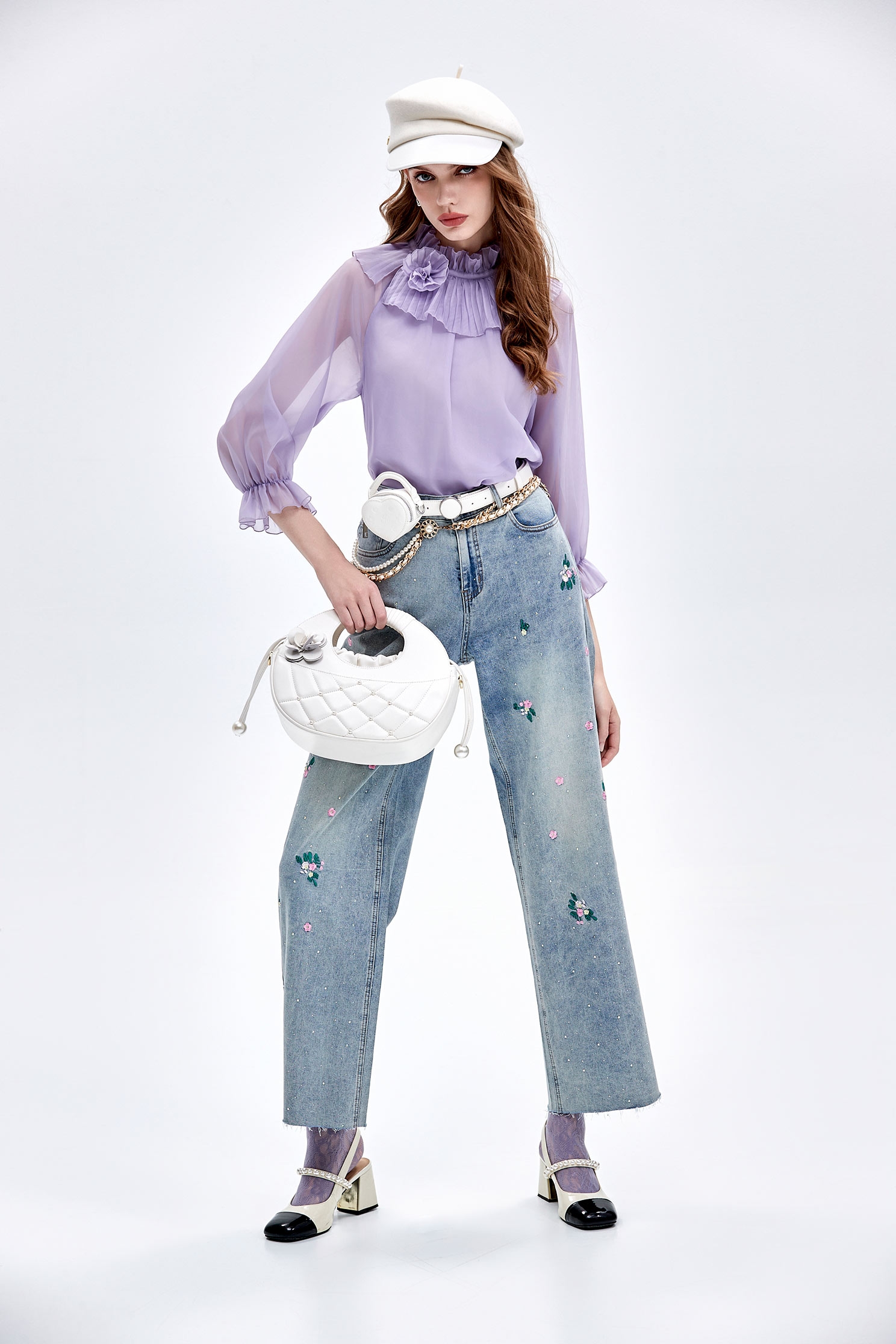 Floral Embroidery Sequin Detail JeansFloral Embroidery Sequin Detail Jeans,Embroidered,Culottes,Denim,Jeans,Season (AW) Look,Wide-leg jeans