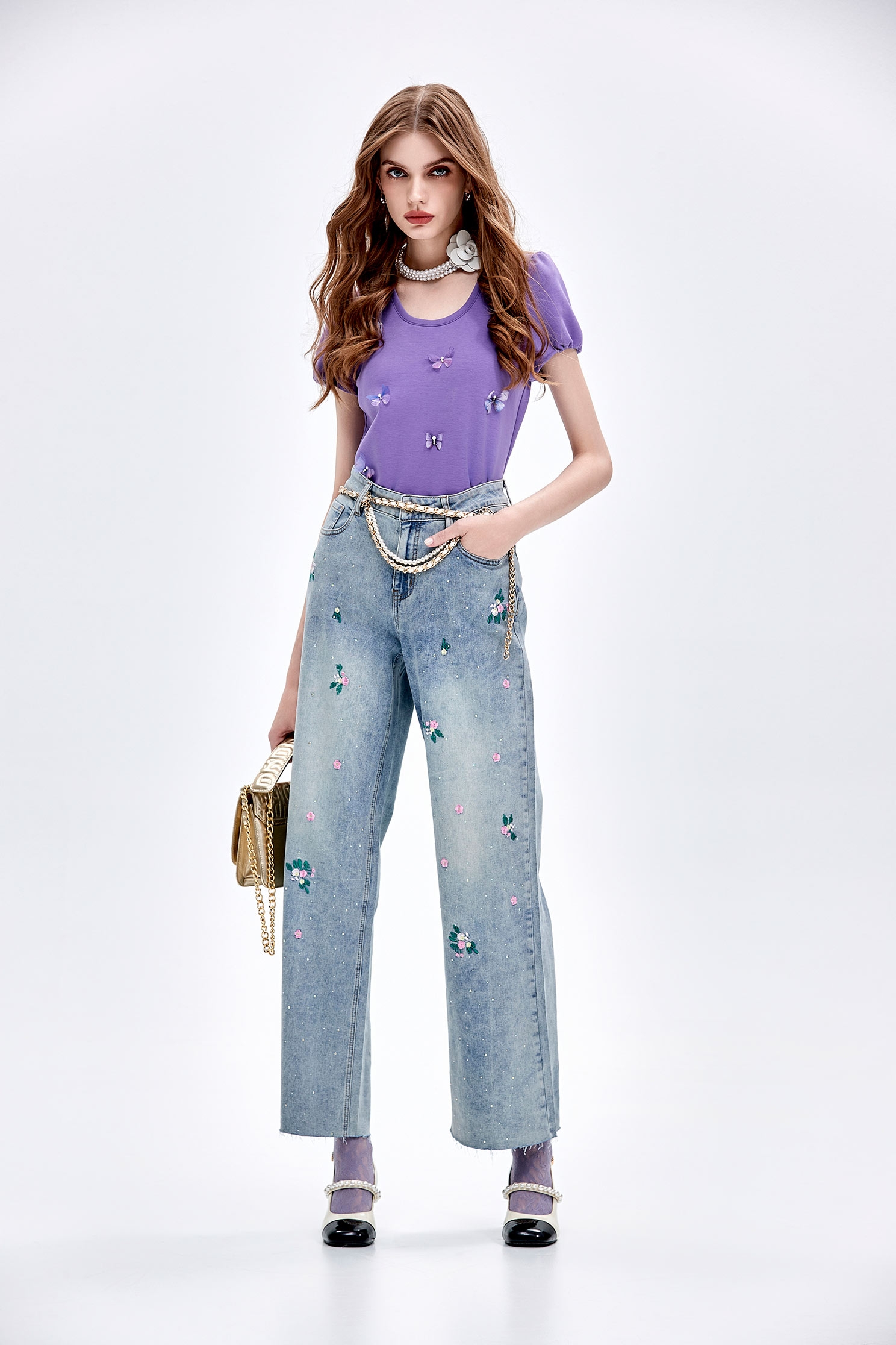 Floral Embroidery Sequin Detail JeansFloral Embroidery Sequin Detail Jeans,Embroidered,Culottes,Denim,Jeans,Season (AW) Look,Wide-leg jeans