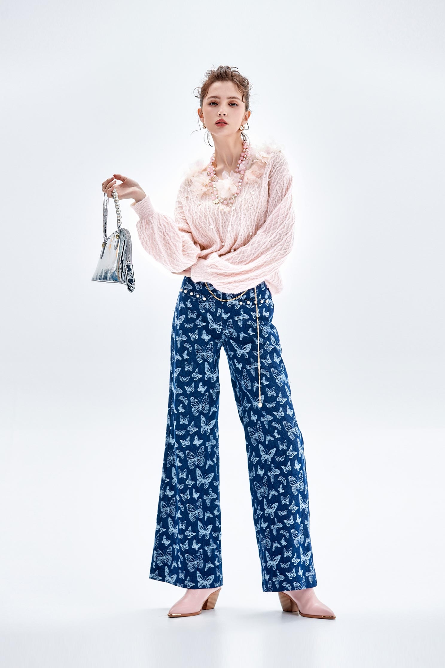 Butterfly Print Wide Leg JeansButterfly Print Wide Leg Jeans,Culottes,Denim,Jeans,Denim pants,Season (AW) Look,Belts,Wide-leg jeans,Pants