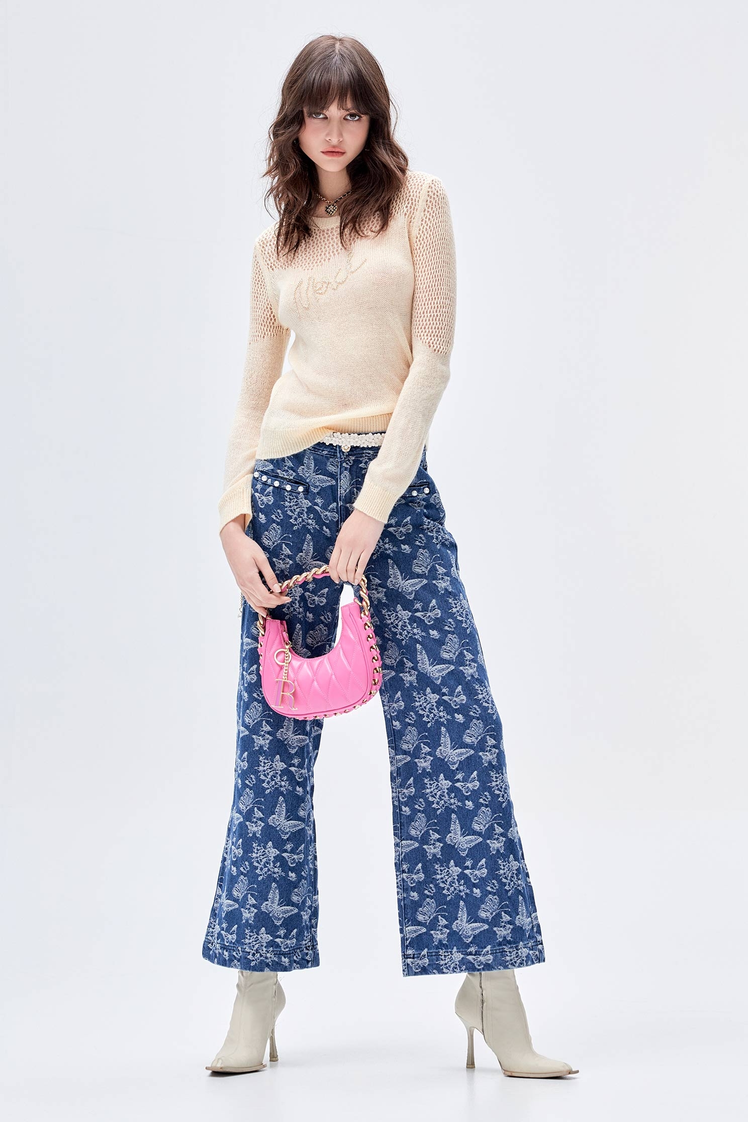 Butterfly Print Wide Leg JeansButterfly Print Wide Leg Jeans,Culottes,Denim,Jeans,Denim pants,Season (AW) Look,Belts,Wide-leg jeans,Pants