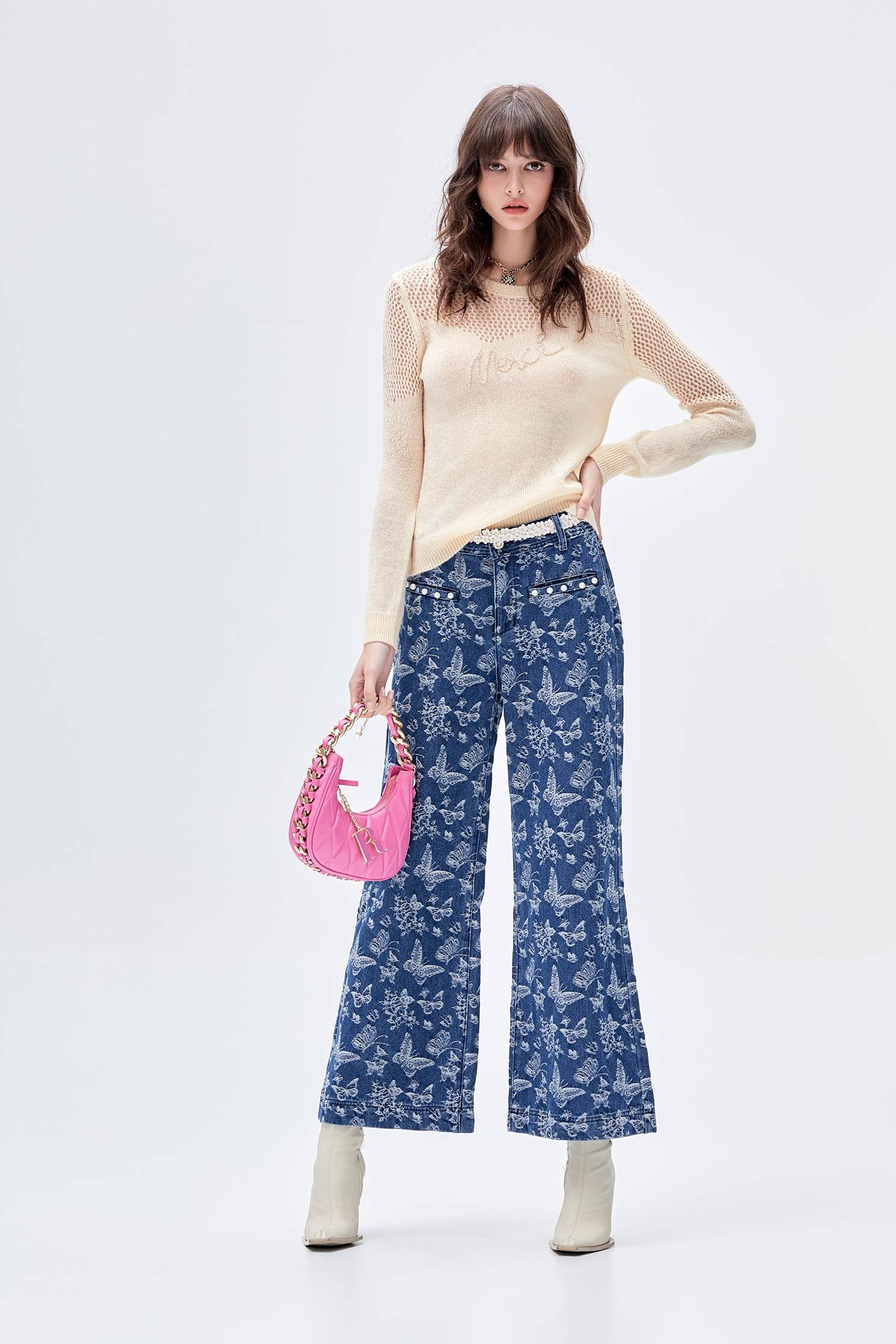 Butterfly Print Wide Leg JeansButterfly Print Wide Leg Jeans,Culottes,Denim,Jeans,Denim pants,Season (AW) Look,Belts,Wide-leg jeans,Pants