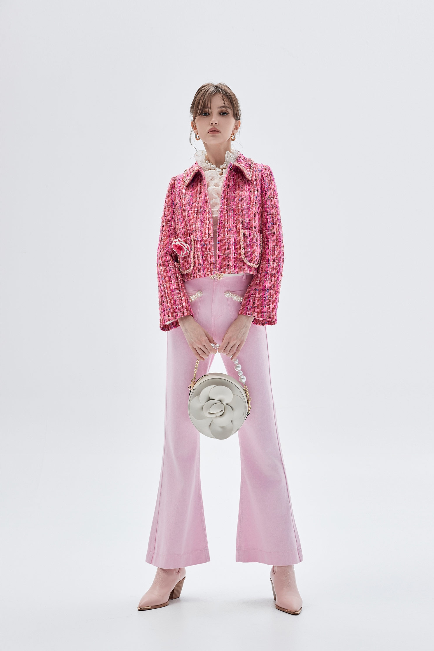 Pink Boot Leg Jeans With Pearl DetailPink Boot Leg Jeans With Pearl Detail,Bell-bottoms,Season (SS) Look,Denim,Jeans,Denim pants,pearl,Cotton,Bell-bottoms,Pants