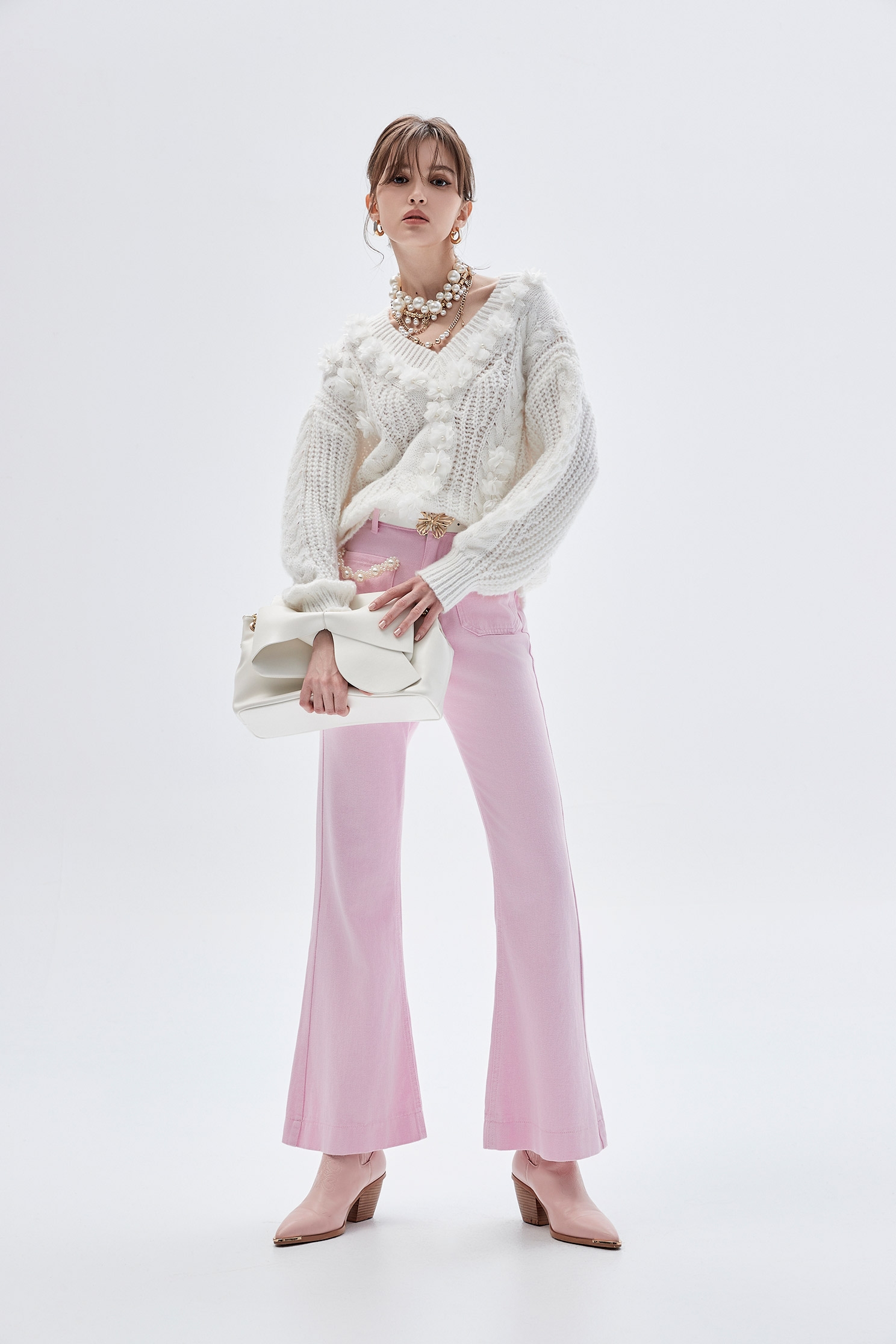 Pink Boot Leg Jeans With Pearl DetailPink Boot Leg Jeans With Pearl Detail,Bell-bottoms,Season (SS) Look,Denim,Jeans,Denim pants,pearl,Cotton,Bell-bottoms,Pants