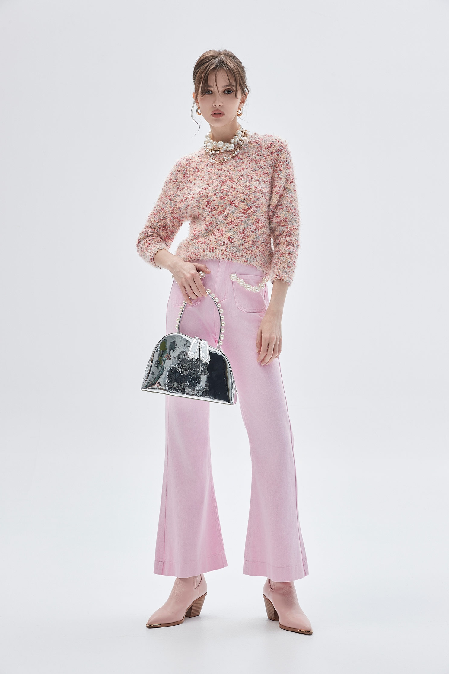 Pink Boot Leg Jeans With Pearl DetailPink Boot Leg Jeans With Pearl Detail,Bell-bottoms,Season (SS) Look,Denim,Jeans,Denim pants,pearl,Cotton,Bell-bottoms,Pants