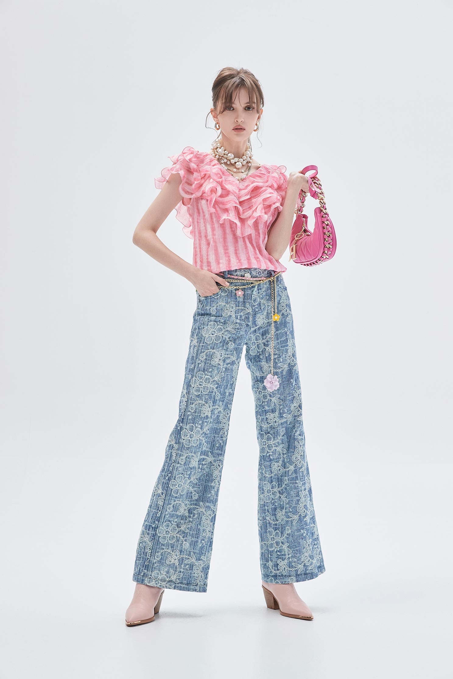 Floral Lace Detail Boot Leg JeansFloral Lace Detail Boot Leg Jeans,Embroidered,Bell-bottoms,Season (SS) Look,Denim,Jeans,Denim pants,Lace,Bell-bottoms,Pants