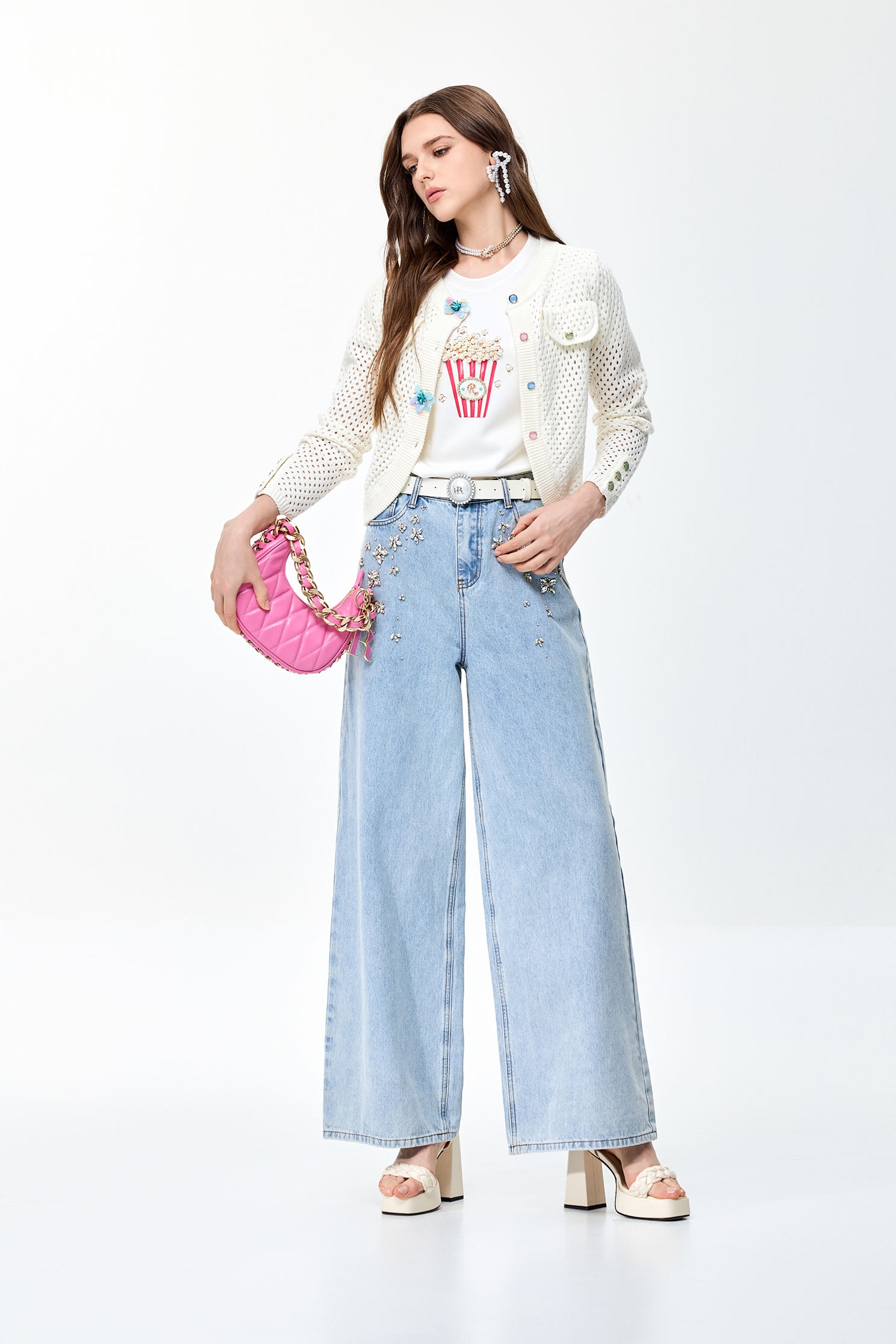 Diamonte Detail Wide Leg JeansDiamonte Detail Wide Leg Jeans,Season (SS) Look,Denim,Denim pants,Wide-leg jeans,Pants