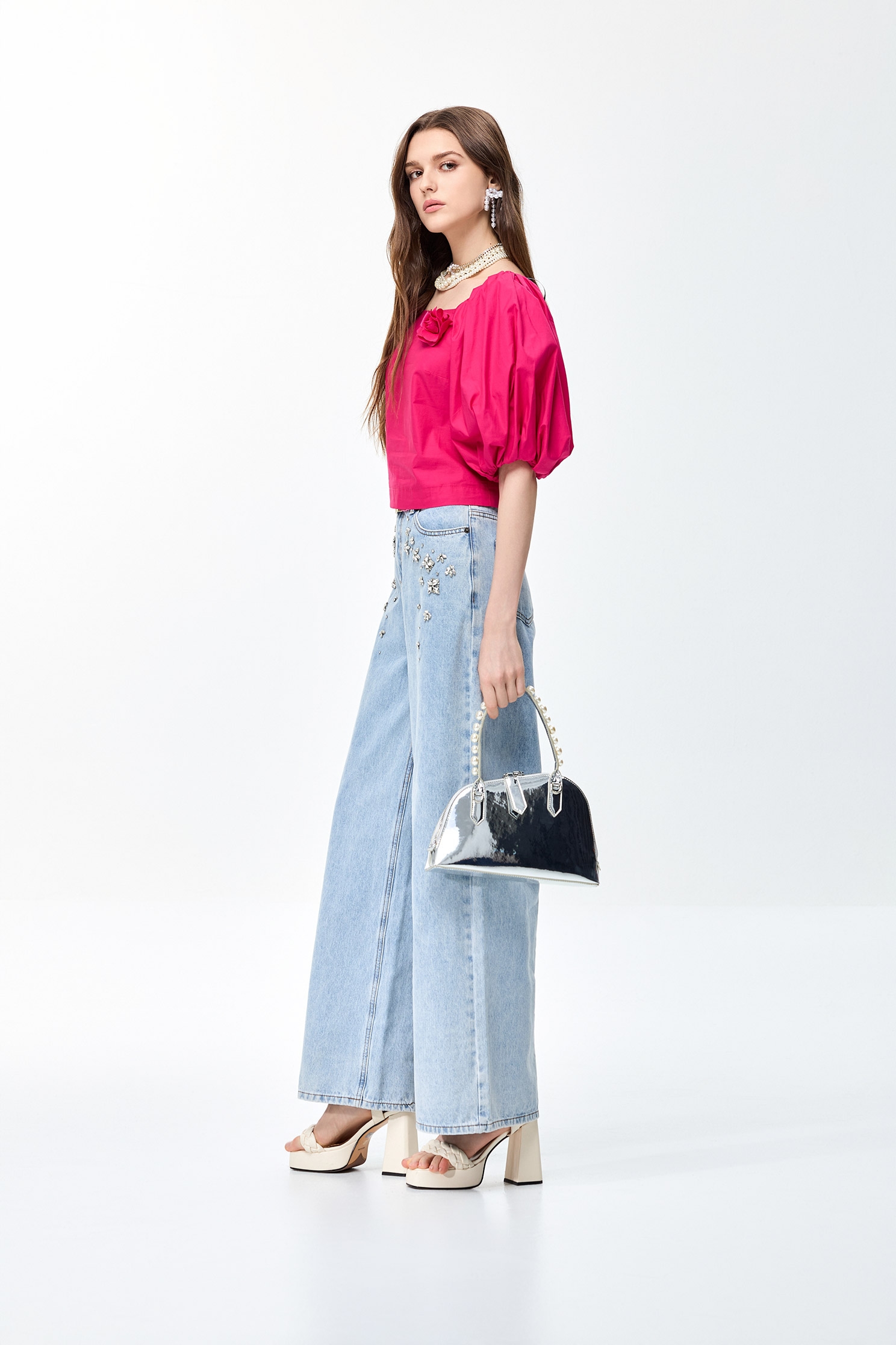 Diamonte Detail Wide Leg JeansDiamonte Detail Wide Leg Jeans,Season (SS) Look,Denim,Denim pants,Wide-leg jeans,Pants