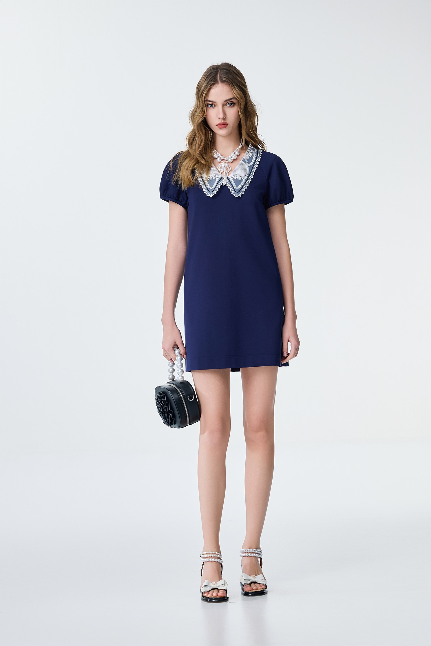 Embroidery Organza Collar Detail Navy Short DressEmbroidery Organza Collar Detail Navy Short Dress,V-neck dresses,Dresses,Embroidered,Season (SS) Look,Knitted