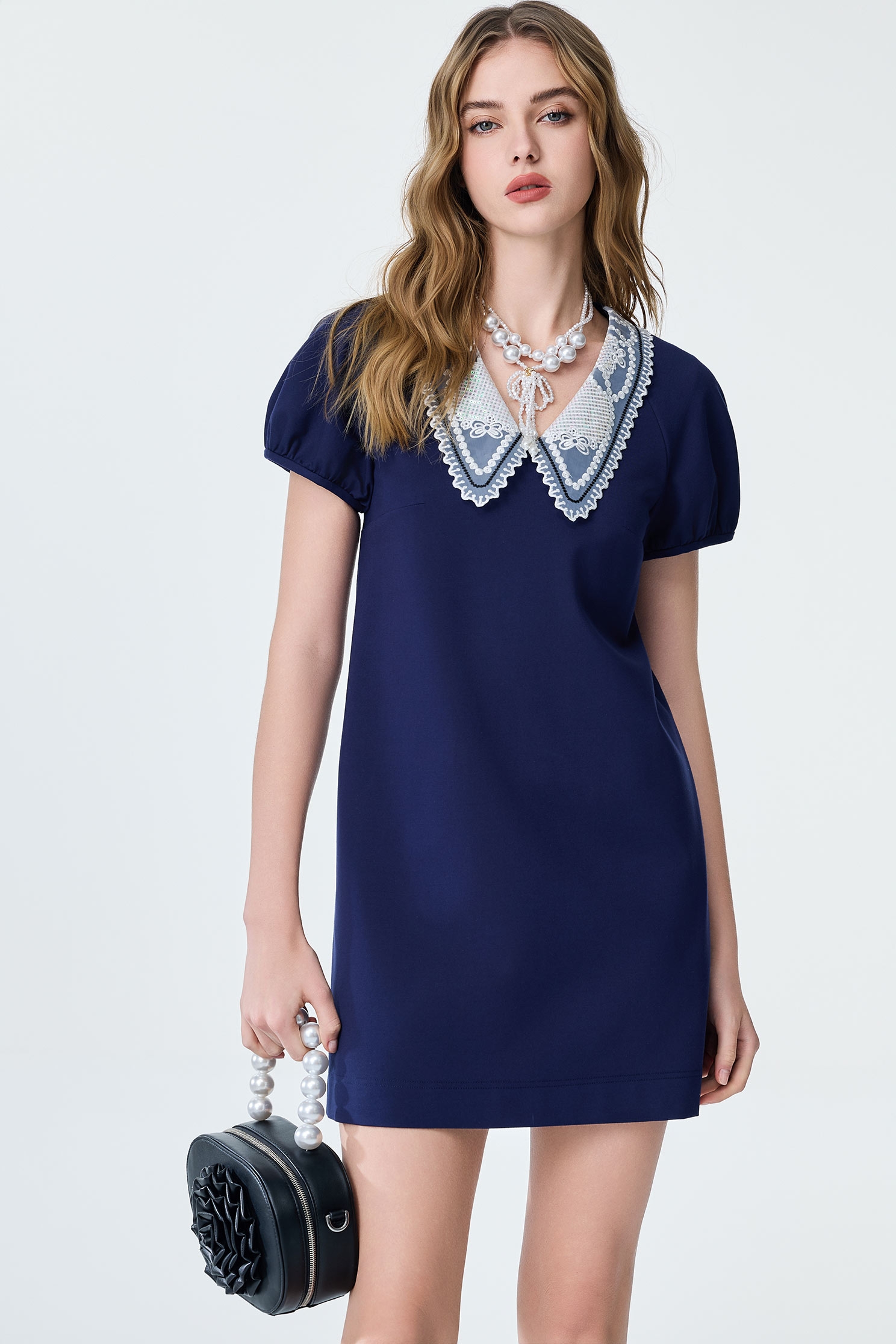 Embroidery Organza Collar Detail Navy Short DressEmbroidery Organza Collar Detail Navy Short Dress,V-neck dresses,Dresses,Embroidered,Season (SS) Look,Knitted