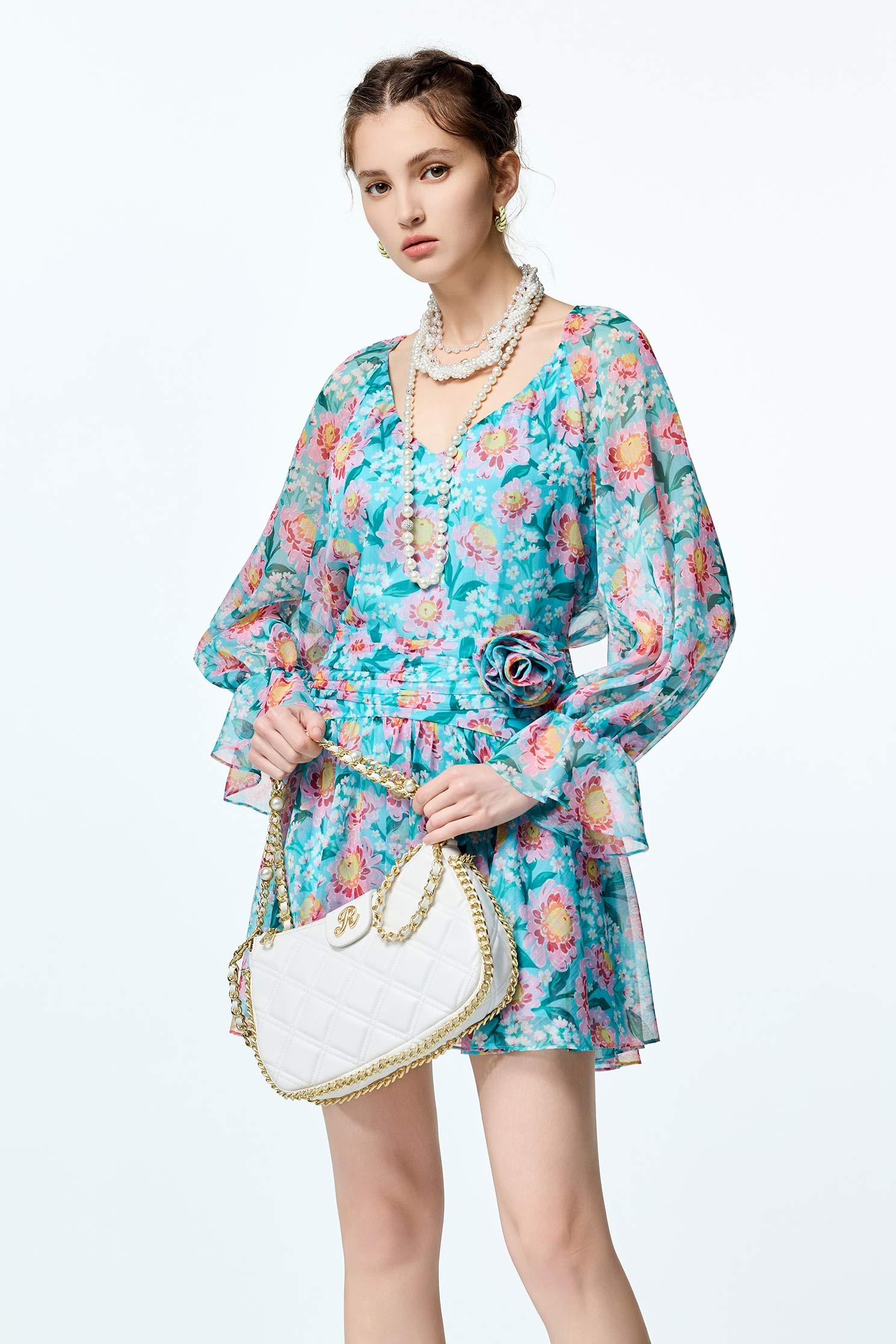 Floral Print Long Sleeve Short DressFloral Print Long Sleeve Short Dress,V-neck dresses,Embroidered,Printed dresses,Chiffon dresses,Season (AW) Look,blossoms,Chiffon,Chiffon dresses