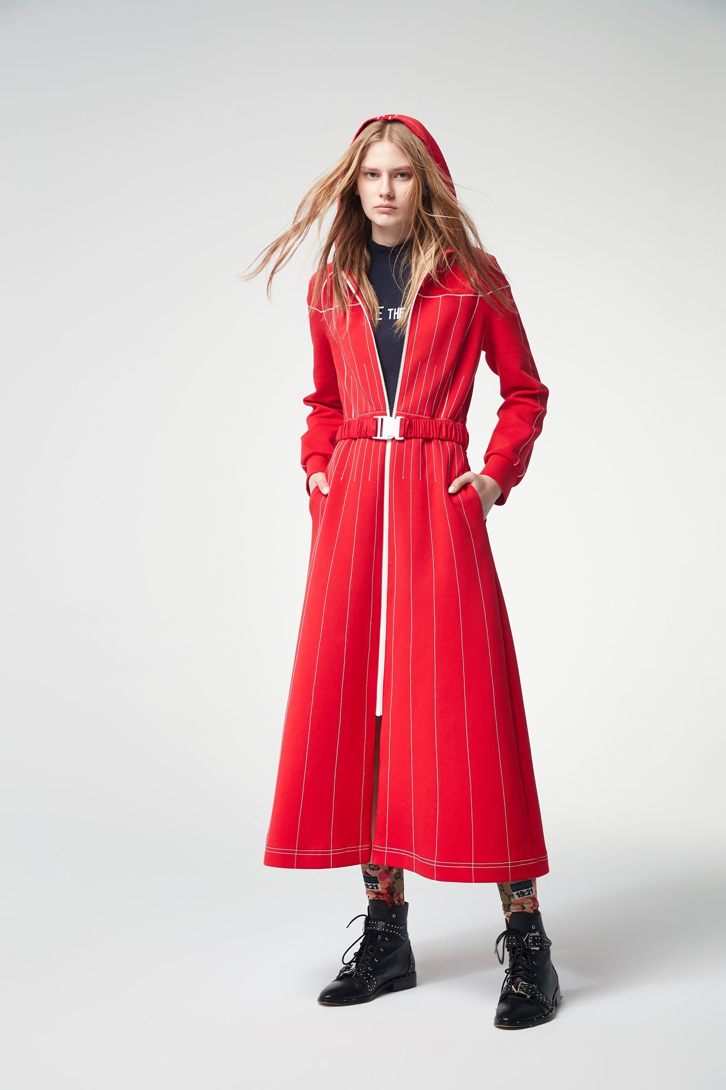 Red Hoodie Long Sleeve Maxi DressHooded long-sleeved dress,Dresses,Casual dresses,goodlucknewyear,Season (SS) Look,Stripe,Season (AW) Look,Maxi dresses,Long sleeve dresses,Lucky Red