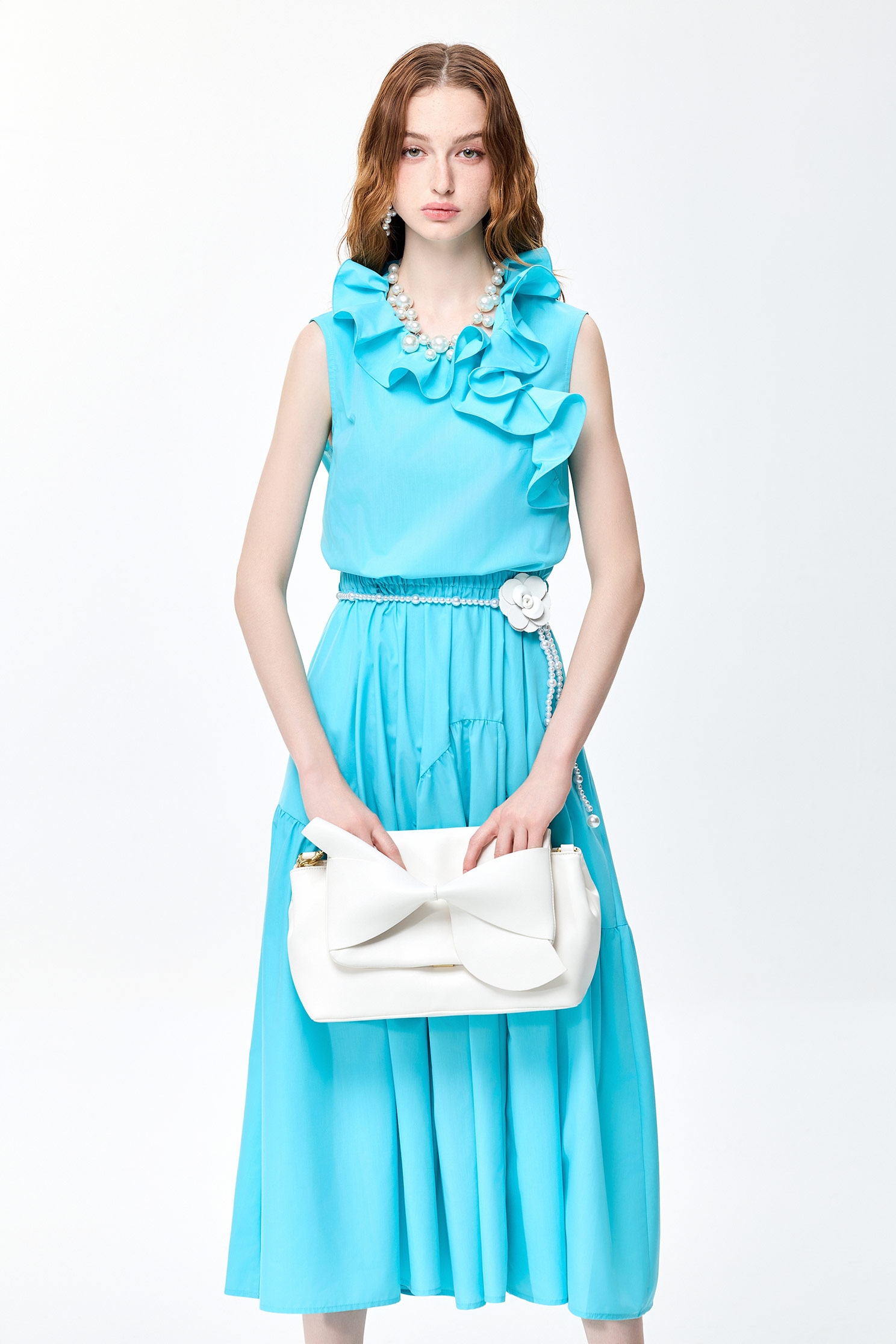 Ruffle Collar Cyan Sleeveless DressRuffle Collar Cyan Sleeveless Dress,V-neck dresses,Dresses,Season (SS) Look