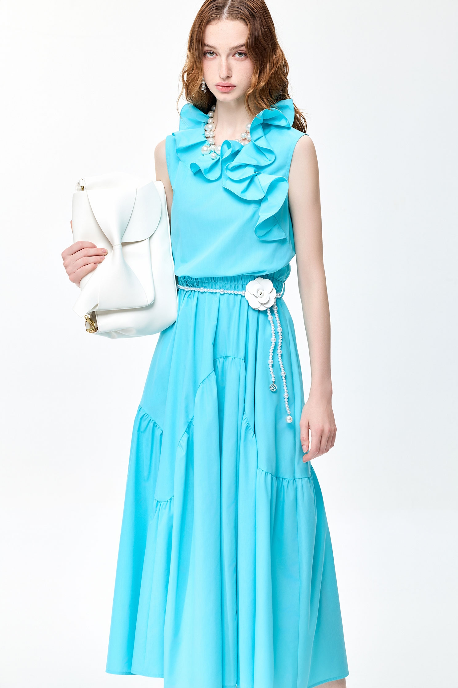 Ruffle Collar Cyan Sleeveless DressRuffle Collar Cyan Sleeveless Dress,V-neck dresses,Dresses,Season (SS) Look