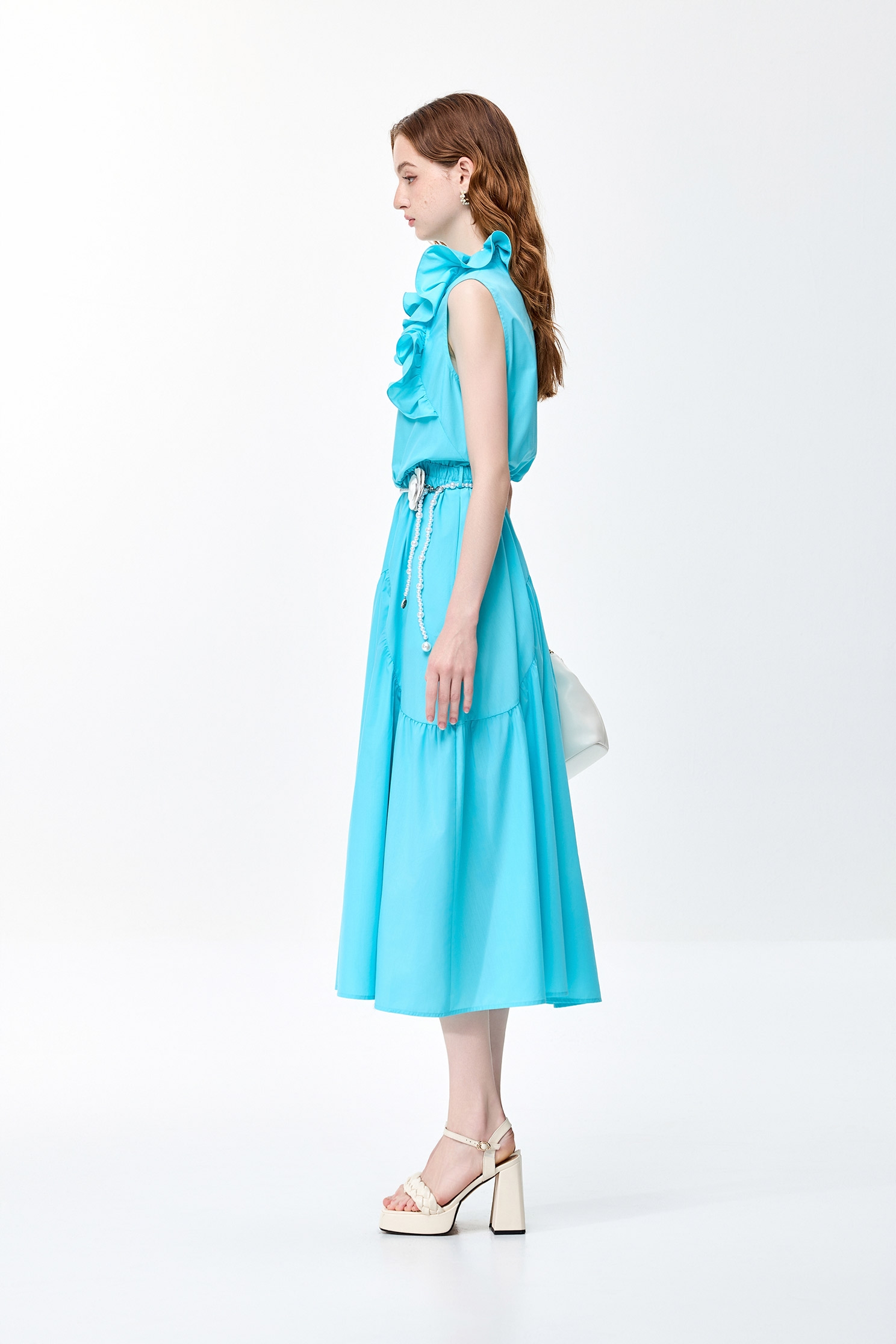 Ruffle Collar Cyan Sleeveless DressRuffle Collar Cyan Sleeveless Dress,V-neck dresses,Dresses,Season (SS) Look