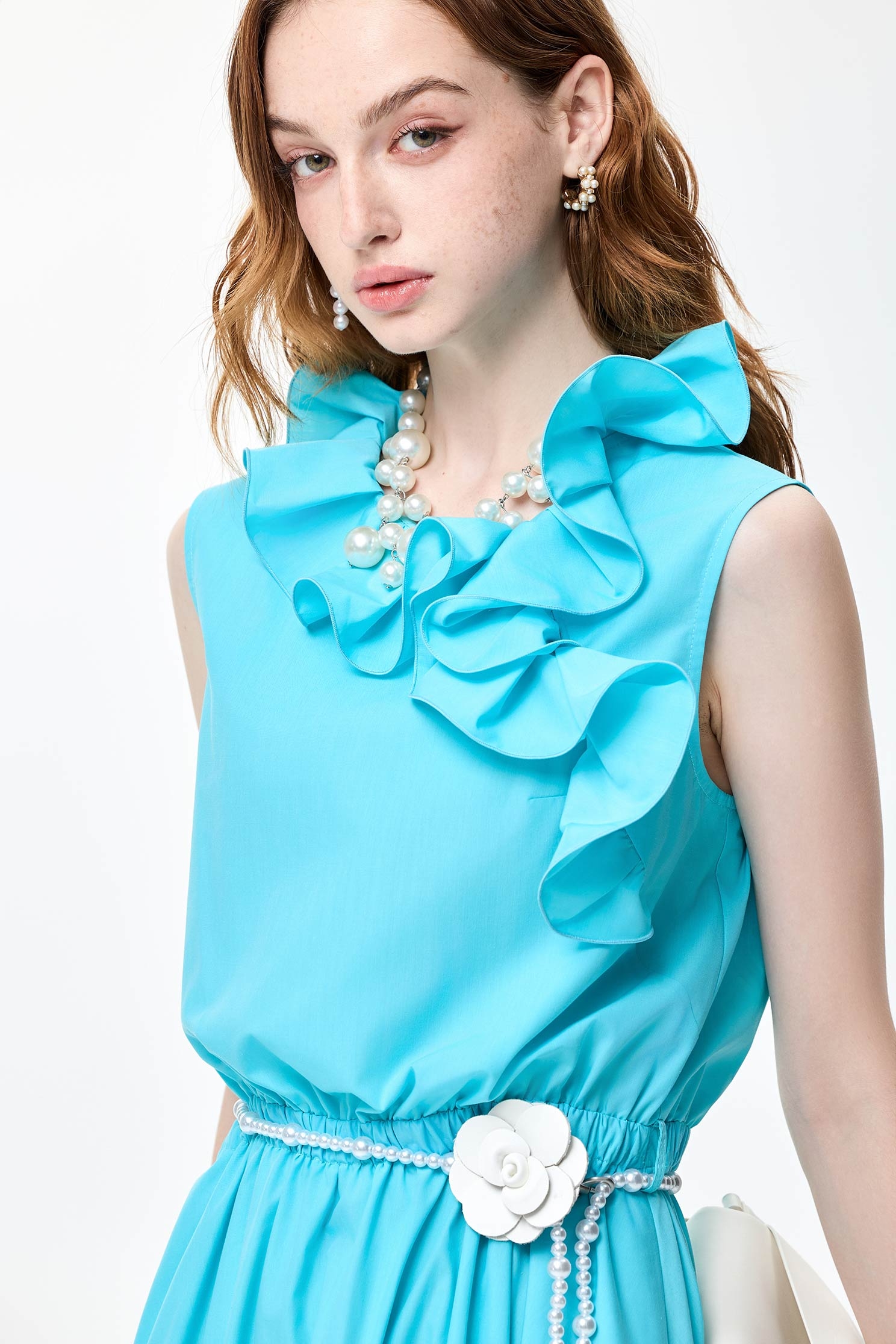 Ruffle Collar Cyan Sleeveless DressRuffle Collar Cyan Sleeveless Dress,V-neck dresses,Dresses,Season (SS) Look