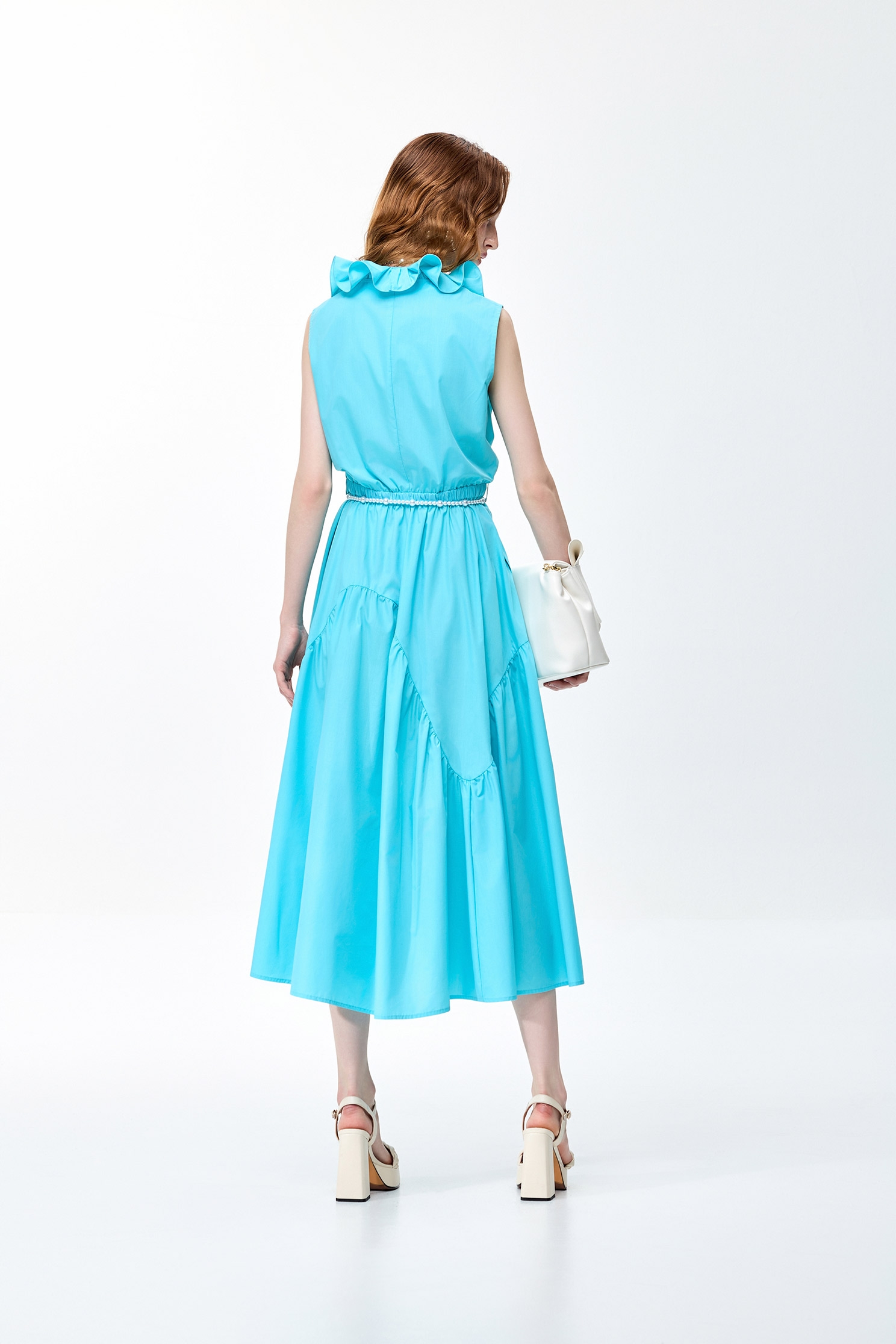 Ruffle Collar Cyan Sleeveless DressRuffle Collar Cyan Sleeveless Dress,V-neck dresses,Dresses,Season (SS) Look