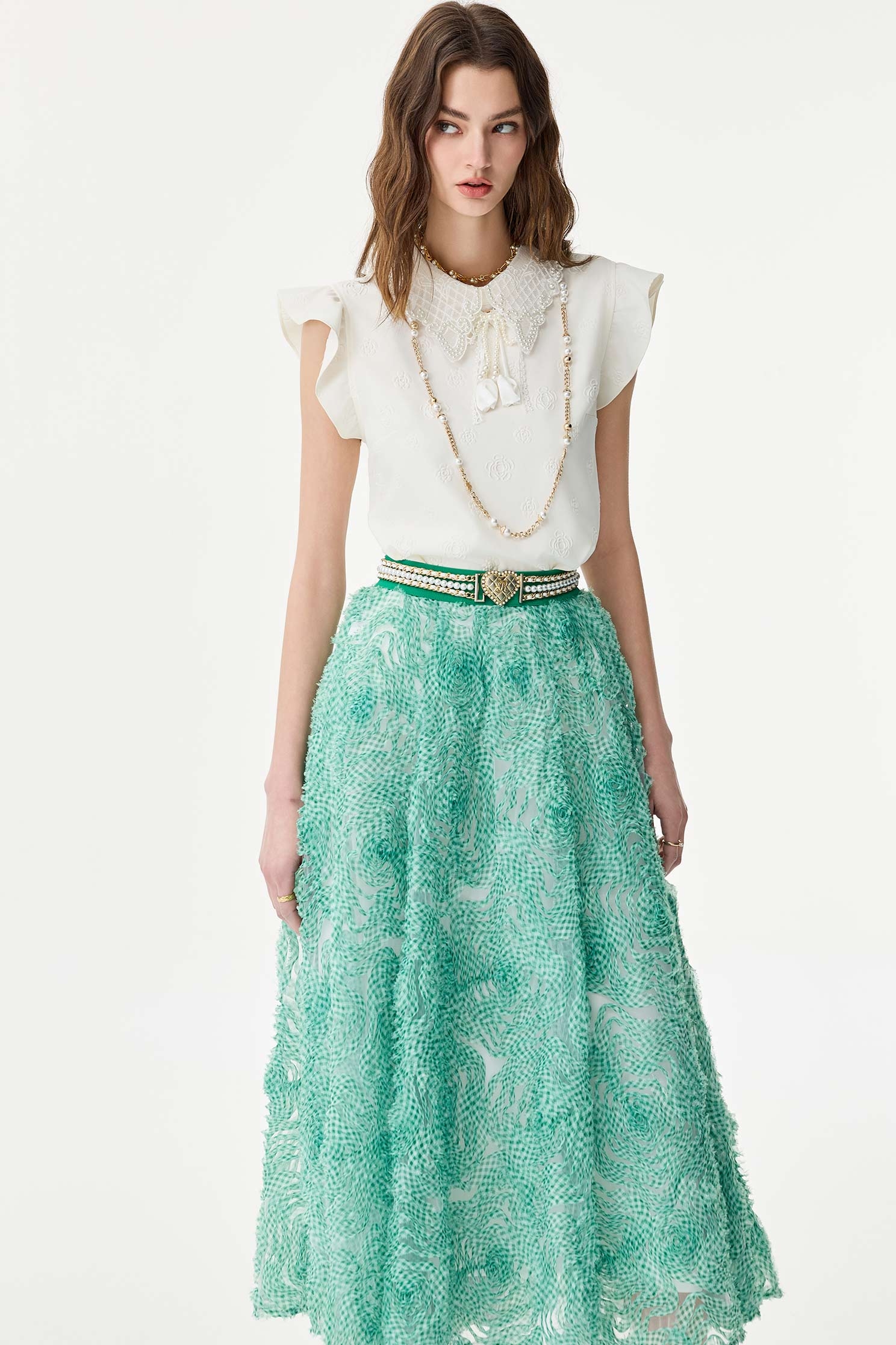 Floral Embossed Print Lace Collar VestFloral Embossed Print Lace Collar Vest,sleeveless tops,Tops,Embroidered,Season (SS) Look,pearl