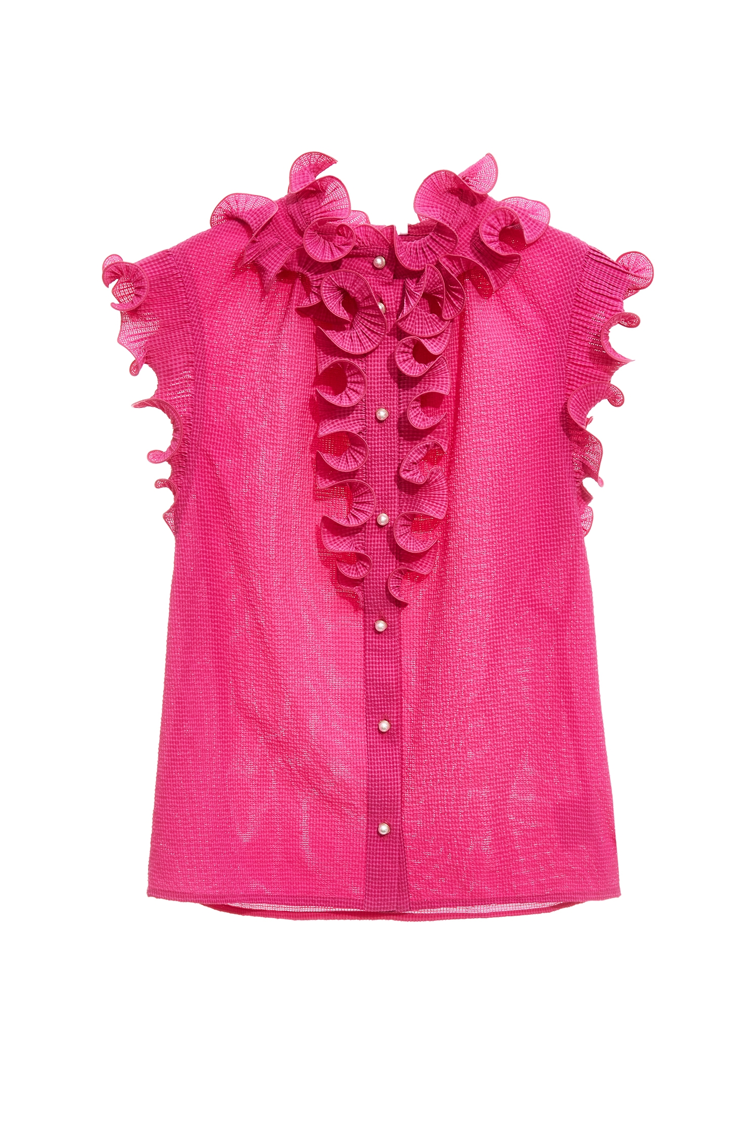 Button Front Fushia Pink Ruffle VestButton Front Fushia Pink Ruffle Vest,sleeveless tops,Tops,Season (SS) Look,Plaid,pearl