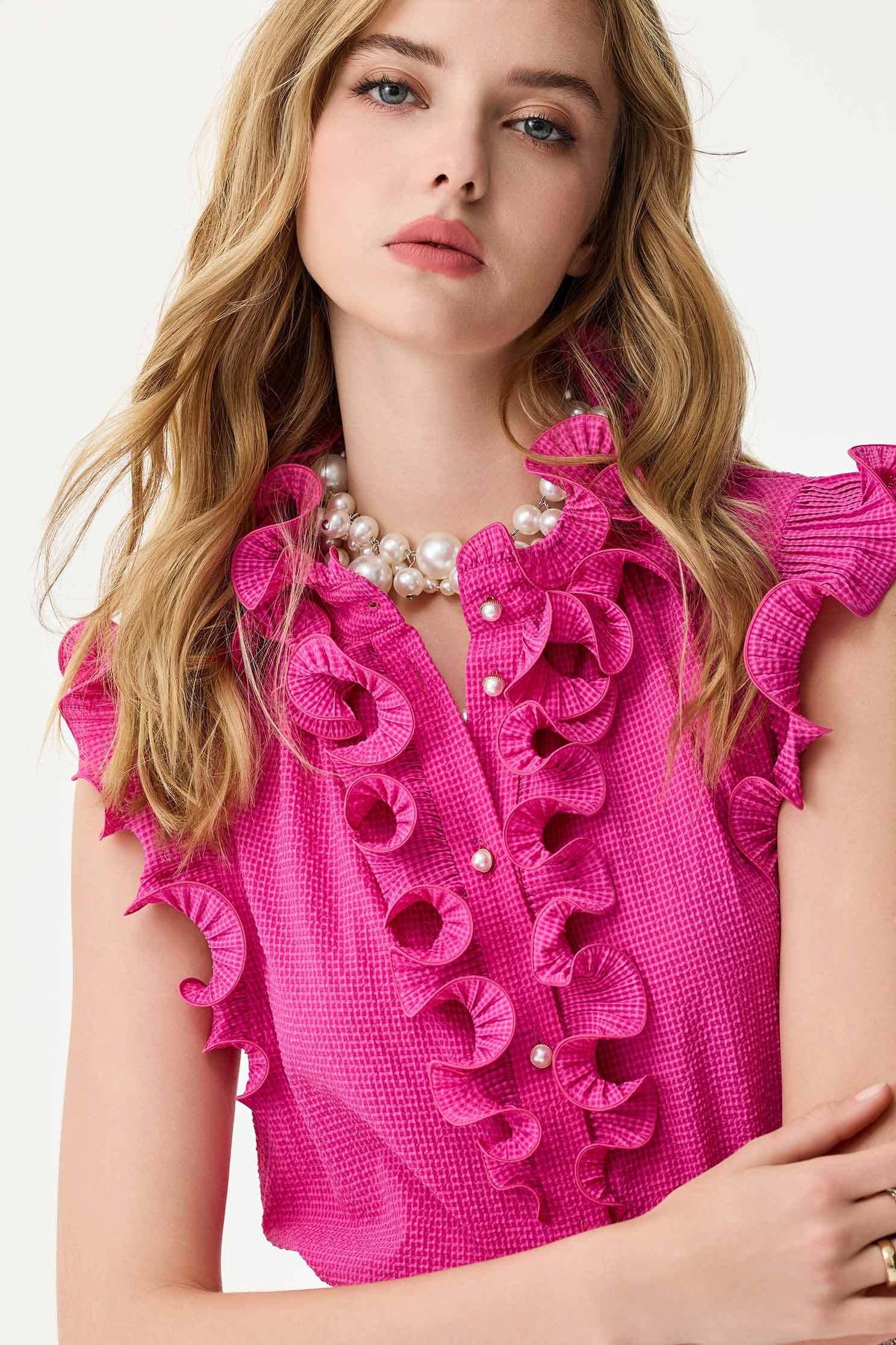 Button Front Fushia Pink Ruffle VestButton Front Fushia Pink Ruffle Vest,sleeveless tops,Tops,Season (SS) Look,Plaid,pearl