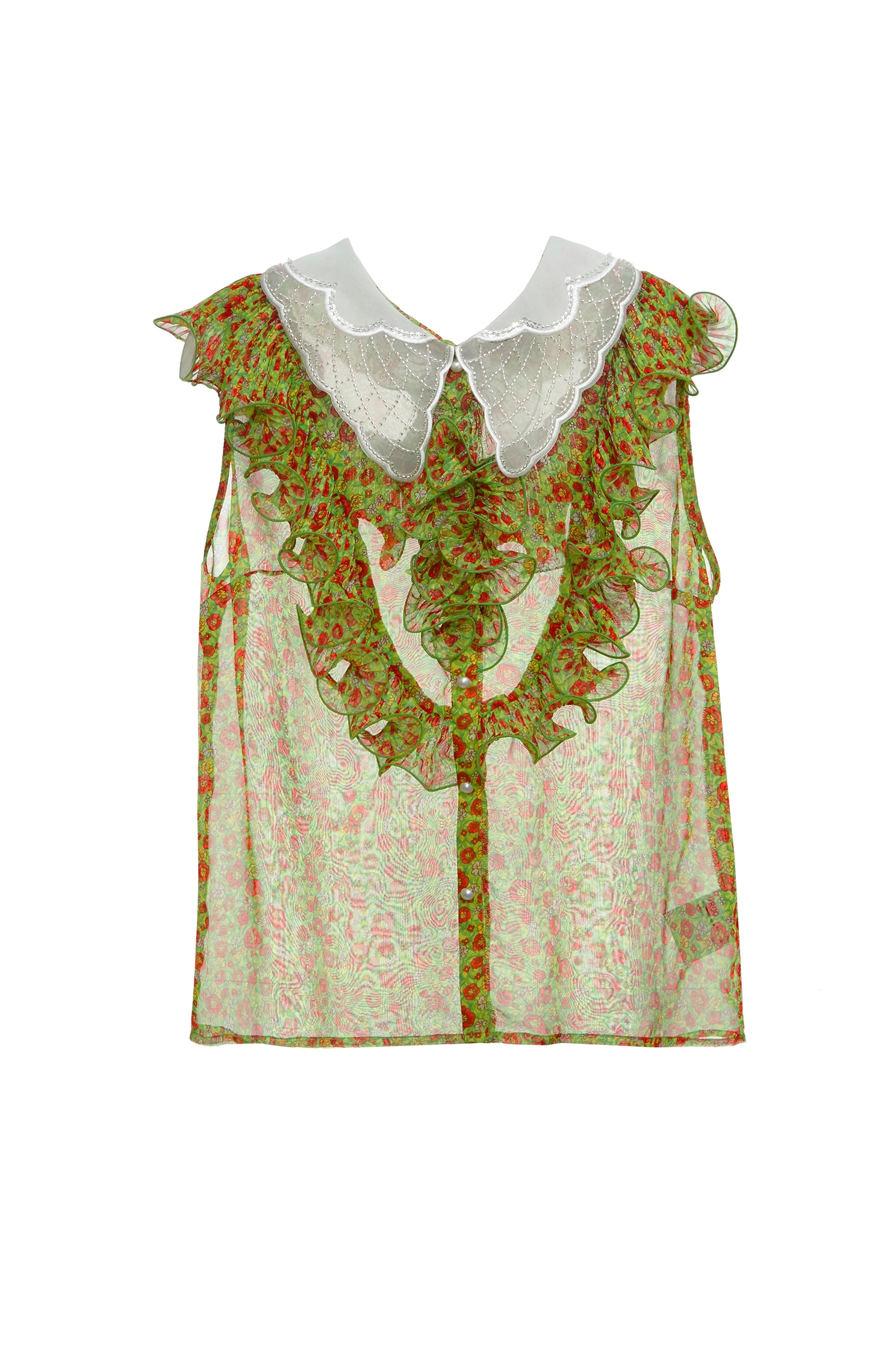 Ruffle Detail Floral Print Chiffon VestRuffle Detail Floral Print Chiffon Vest,sleeveless tops,Tops,Season (SS) Look,pearl,sleeveless tops,Chiffon