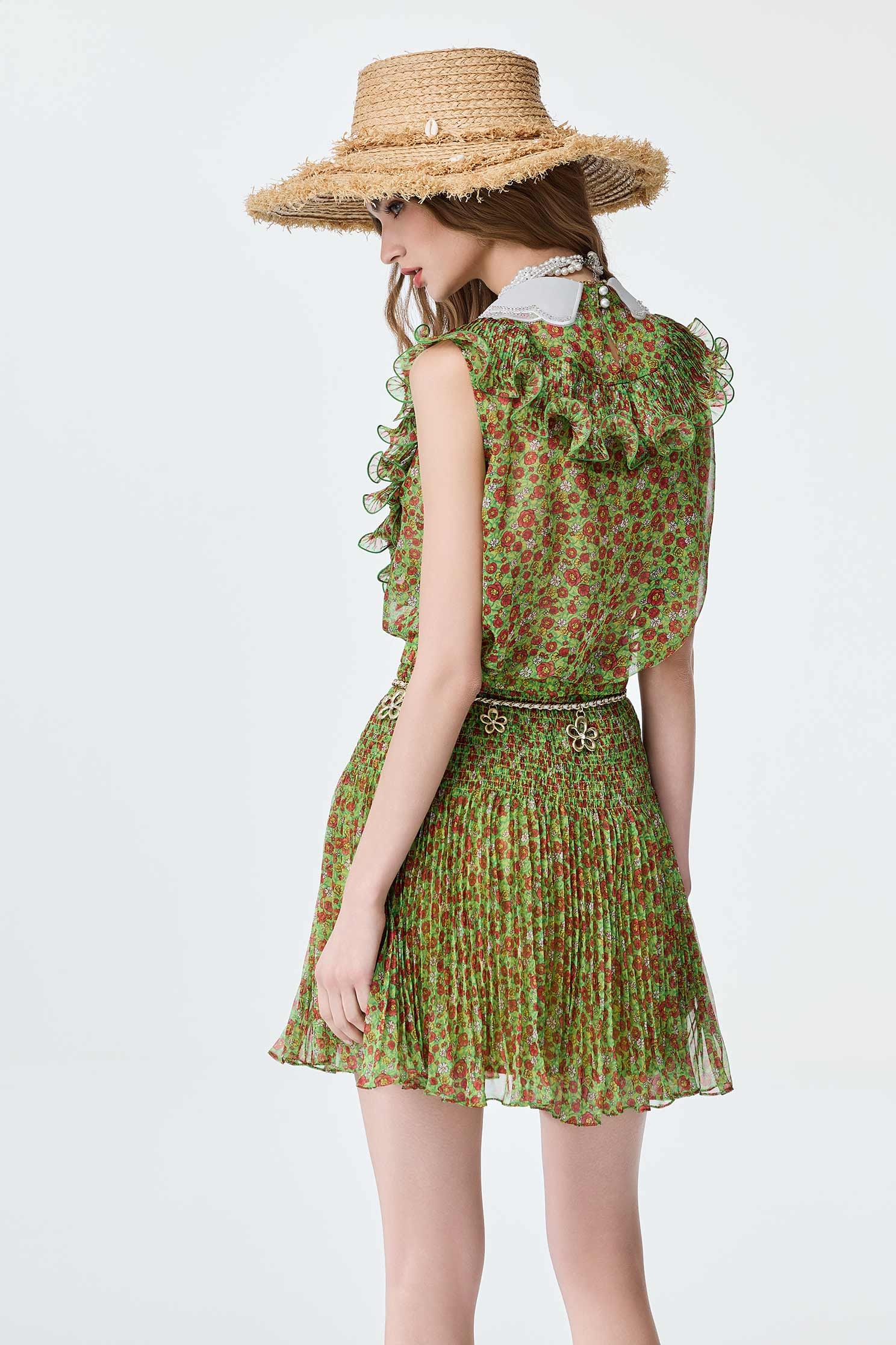 Ruffle Detail Floral Print Chiffon VestRuffle Detail Floral Print Chiffon Vest,sleeveless tops,Tops,Season (SS) Look,pearl,sleeveless tops,Chiffon
